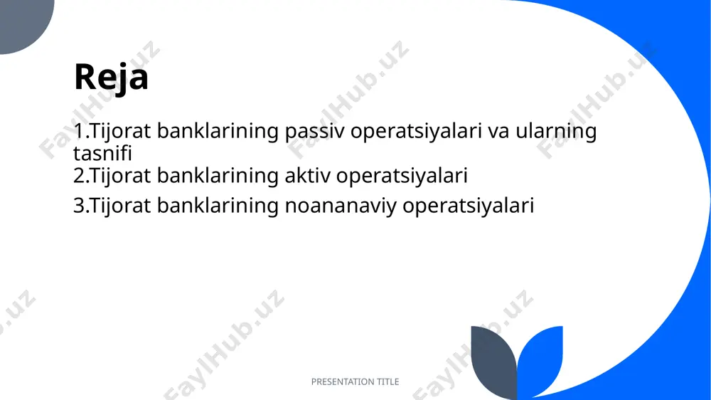 dan, banklarning kassalari va mobil ilovalari orqali mahsulotlarning xaridi, ko‘rsatilgan xizmatlar, bajarilgan ishlar, jarimalar va boshqalar uchun to‘lovlarni amalga oshirish oson. to‘rtinchidan, naqd pulsiz mablag‘lar bilan to‘lash uchun tijorat banklarida hisobvaraq ochish mumkin. bu, onlayn do‘konlarda amalga oshirilgan xaridlar uchun eng qulay to‘lov yo‘li hisoblanadi. bank hisobvarag‘iga mablag‘ingizni qo‘yib, ularni xavfsizlikda saqlaysiz. areas of growth b2b supply chain roi e-commerce q1 4.5 2.3 1.7 5.0 q2 3.2 5.1 4.4 3.0 q3 2.1 1.7 2.5 2.8 q4 4.5 2.2 1.7 7.0 presentation title presentation title tijorat banklari passiv operatsiyalarining asosan to‘rtta shakli mavjud tijorat banklari qimmatbaho qog‘ozlarini muomalaga chiqarish yo‘li bilan resurslar yig‘ish; bank foydasi hisobidan har xil fondlar tashkil qilish yoki fondlar summasini oshirish boshqa kreditlarning mablag‘larini jalb qilish depozit operatsiyalarni amalga oshirish meet our team takuma hayashi president mirjam nilsson chief executive officer flora berggren chief operation officer rajesh santoshi vp marketing presentation title jalb qilingan mablag‘larni asosiy qismini …