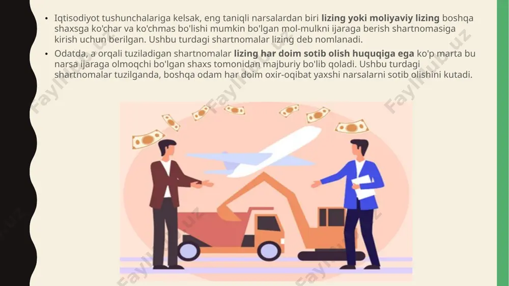 irish uchun lizing beruvchiga kafolat taqdim etishi lozim. lizing kompaniyala rining amaliy faoliyatini oʼrganish asosida aniqlangan lizing kompaniyalari lizing oluvchilardan talab etayotgan quyidagi shartlarni alohida ajratish mumkin: · mijoz tomonidan mulk qiymatining bir qismini oldindan toʼlash (mulk qiymatining 30–50%) va buni mulkni sotib olish yoki lizing oluvchiga jarima sanktsiyasini berishda eʼtiborga olish; · lizing toʼlovlarini toʼlashni kechiktirganlik uchun va lizing shartnomasining amal qilish muddati yakunida mulkni sotib olishdan bosh tortganlik uchun jarima sanktsiyalarining mavjudligi; · jihozni va toʼlov toʼlamaslik xavfini sugʼurtalash. moliyaviy lizing shartnomasida lizing beruvchi va lizing oluvchi bilan bir qatorda operativ lizingda mavjud bo'lmagan qo'shimcha ishtirokchi - lizingga olingan mulkni sotuvchi ham kiradi. moliyaviy lizing, operatsion lizing uchun. mulkni va uning ishlab chiqaruvchisini (sotuvchisini) tanlashning imtiyozli huquqi foydalanuvchiga tegishli. bundan tashqari, lizing beruvchi mol-mulkni sotuvchiga uni lizing uchun maxsus sotib olinayotganligi to'g'risida xabardor qilishi shart. operatsion lizingda mulk sotuvchisi mustaqil rol o'ynamaydi yoki shunchaki yo’q. operatsion lizingdan farqli …