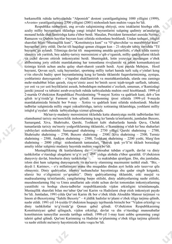tlabki kunlaridanoq dunyo taraqqiyotiga, jahon sivilizatsiyasiga katta hissa qo‘shgan ajdodlarimiz – buyuk mutafakkirlar, davlat arboblari ma'naviy merosini va hayotini o‘rganish yo‘lga qo‘yildi. jumladan, imom buxoriy, at-termiziy, ahmad yassaviy, najmiddin kubro, bahovuddin naqshband, burhonuddin rabg‘uziy kabi mutafakkirlarning asarlari chop etilishi milliy qadriyatlarimizni tiklashda katta yutuq bo‘ldi. vatanimiz ozodligi yo‘lida shahid ketgan abdulla qodiriy, cho‘lpon, fitrat, behbudiy, usmon nosir va boshqa allomalarimizning hurmati o‘z joyiga qo‘yildi va ma'naviy meroslari xalqimizga qaytarildi. buyuk ajdodlarimiz tavalludlarining yirik sanalarini nishonlash ham xalqimizning ulug‘vor an'analariga aylanmoqda. jumladan, istiqlol yillarida alisher navoiy (1991), zahiriddin bobur (1993), feruz (1995) kabi buyuk ajdodlarimizning tavallud kunlari, shuningdek, mirzo ulug‘bekning 600 yillik (1994), amir temurning 660 yillik (1996), ahmad farg‘oniyning 1200 yillik (1998), jalolliddin manguberdining 800 yillik (1999), kamoliddin behzodning 545 yillik (2000), islom olamining donishmandlari, m imom buxoriy tavaluddining 1225 yilligi, imom termiziyning 1200 yilligi, abu mansur moturidiyning 1130 yilligi, mahmud zamaxshariyning 920 yilligi, xoja abdulxoliq g‘ijduvoniyning 900 yilligi, najmiddin …