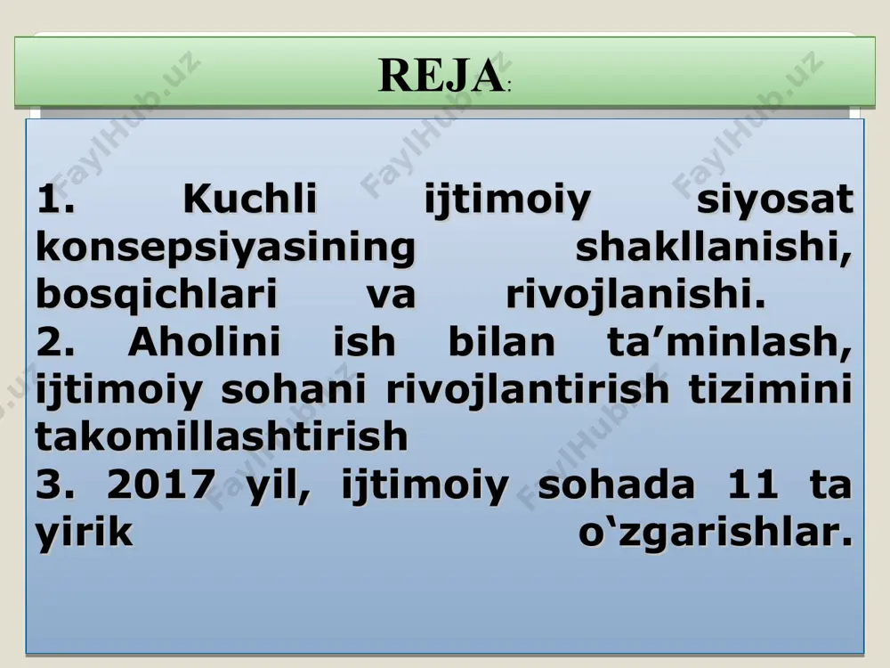 rmoni (1994) 23 avgust. unga ko‘ra, voyaga yetmagan bolali ko‘p bolali oilalar, kam pensiya oluvchi oilalar, nogironlar, ishsizlar va bedarak yo‘qolganlar, yolg‘iz pensionerlar hamda muhtoj va kam ta’minlanganlarga moddiy yordam ko‘rsatilmoqda. o‘zbekiston respublikasi prezidentining 2002-yil 16-maydagi farmoni bilan kam ta’minlangan, 16 yoshgacha bo‘lgan bolalari bor oilalarga moddiy yordam berish to‘g‘risida qaror qabul qilindi. 2018-yil 25-yanvardagi qarorga muvofiq, ijtimoiy yordam oluvchi bolali oilalar tarkibiga umumiy ta’lim maktablari, akademik litsey va kasb-hunar kollejlarida tahsil olayotgan 18 yoshgacha bo‘lgan bolasi bor oilalar ham kiritildi. aholining kam ta'minlangan guruhlariga ijtimoiy yordam ko'rsatish mexanizmi bundan tashqari, o‘zbekistonda ijtimoiy yordamning norasmiy turlari mavjud; qarindoshlarning o‘zaro yordami, milliy va diniy an’analar asosida ko‘rsatiladigan yordam, korxona va tashkilotlarga, pensionerlarga, kam ta’minlangan ko‘p bolali oilalarga, beva ayollarga yordam ko‘rsatish shular jumlasidandir. islohotlar islohot uchun emas, balki inson manfaatlari uchun respublikada ayollar, bolalar, keksalarga alohida e’tibor qaratilmoqda. 1998-yilda “mustahkam oila yili”, 1999-yil “ayollar yili”, 2000-yil “sog‘lom avlod yili”, 2001-yil “bolalar …