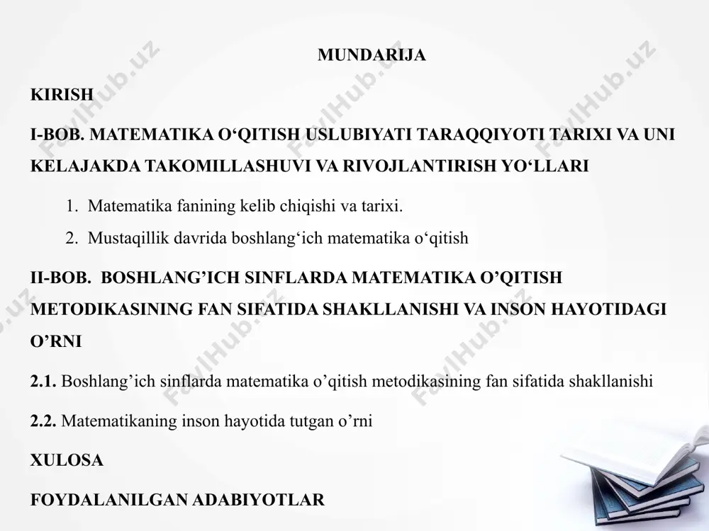 ti. matematika o’qitish tarixi va uning taraqqiyotini o’rganish usullari, vositalari va metodlari. kurs ishining vazifalari. matematika o’qitish tarixi va uning taraqqiyotini shakllanish davrlarini o’rganish; - мustаqillik dаvridа bоshlаng‘ich mаtеmаtikаni o’qitish bosqichlarini o’rganish va tahlil qilish; - boshlang’ich sinflarda matematika o’qitish metodikasining fan sifatida shakllanishini tahlil qilish; - matematikaning inson hayotidagi o’rnini ilimiy jihatdan o’rganish va taqqoslash; kurs ishining tuzilishi. kurs ishi kirish, 2 bob, 4 paragrf, xulosa va foydalanilgan adabiyotlardan iborat. i-bob. мatеmatika o‘qitish uslubiyati taraqqiyoti tariхi va uni kеlajakda takоmillashuvi va rivоjlantirish yo‘llari matematika fanining kelib chiqishi va tarixi. matematika metodikasi haqidagi tushuncha birinchi bo‘lib, shvedsariyalik pedagog matematik g.pestalotsining 1803-yilda yozilgan “sonni ko‘rgazmali o‘r- ganish” asarida bayon qilingan.xvii asrning birinchi yarmidan boshlab, matema- tika o‘qitish metodikasiga doir masalalar bilan rus olimlaridan akademik s.e.guriv (1760- 1813), xviii asrning birinchi va ikkinchi yarmidan esa n.i.lobachevsiy (1792-1856), i.n.ulyanov(1831-1886).l.n.tolstoy(1828-1910) va atoqli metodist-matematik s.i.shoxor-trotskiy(1853-1923), a.n.ostrogrotskiy va boshqalar shug‘ullandilar va ular matematika faniga ilmiy nuqtayi …