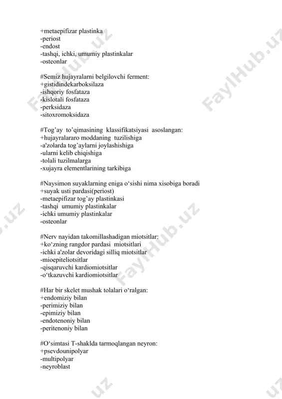 ok etadi: +uzluksiz endoteliy va bazal membranaga ega kapillyar -endoteliysida teshiklari bor kapillyar -fenestrali kapillyar -sinusoid kapillyar -bazal membranasizkapilyar #ii tipdagi kapillyarning o‘ziga xosligi: +fenestrali endoteliy, bazal membrana uzluksiz -endoteliyuzluksiz, bazal membrana uzlukli -endoteliyteshiklarga ega, bazal membrana uzlukli -endoteliy uzluksiz, bazal membrana butun -endoteliy fenestrali, bazal membrana yo’q #venalar tavsifi asoslanadi: +mushak elementining rivojlanishiga ko‘ra -elastik va mushak tolalarining munosabatiga ko‘ra -kollagen va mushak tolalarining munosabatiga ko‘ra -klapan mavjudligiga ko‘ra -kalibri va organizmda joylashishiga ko‘ra #qaysi arteriyalarda ichki elastik membrana mavjud emas: +elastic tipdagi -mushak tipdagi -aralash tipdagi -arteriolada -elastik va aralash tipdagi #peritsitlar kapillyar devorining qaysi qavatida joylashadi: +bazal membrana yoriqlarida -bazal membrana ustida -endoteliyustida -subendotelial qavatda -bazal membrana ostida #taloqdagi ochiq qon aylanish doirasining xususiyati: +kapillyarlar retikulyar tuqimaga ochiladi -kapillyarlar muftalar orqali birlashgan -kapillyarlar sinuslarga ochiladi -kapillyar devori qalinlashgan -kapillyar devorida mushak tolalari bor #t- limfotsitlarning antigenga bog'liq bo'lmagan takomillashishi kechadi: +timusda -taloqda -limfa tugunlarida -qizil suyak ko‘migida …