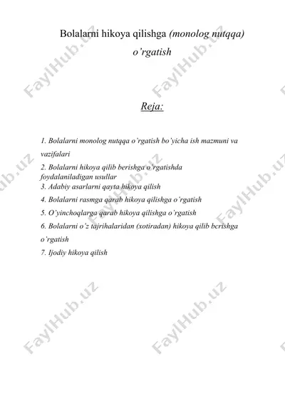 bolalarni hikoya qilishga (monolog nutqqa) o’rgatish — DOCX