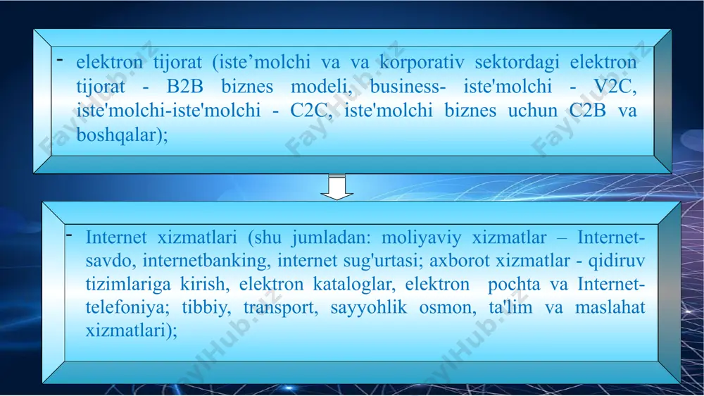 ida maxsulotlar oqimi yoki material oqim - xizmatlar oqimi internet – logistika rasm-elektron biznes tarkibi tadbirkorlik sub’ektlarini davlat ruyxatdan o’tkazish ma’suliyati cheklangan jamiyat fermer xo’jaliklar yakka tadbirkor dehqon xo’jaligi oilaviy xo’jalik рўйхатдан ўтказиш рўйхатдан ўтказиш рўйхатдан ўтказиш рўйхатдан ўтказиш рўйхатдан ўтказиш elektron tijoratning asosiy tarkibiy qismlari quyidagicha aniqlanadi: ishtirokchilar (ishlab chiqaruvchilar, etkazib beruvchilar, chakana sotuvchilar, iste'molchilar, ma'muriy va hukumat tuzilmalar); marketing jarayonlari (tadqiqotlar, hisob-kitoblar, reklama, buyurtmalarga xizmat ko'rsatish, sotuvlarni tahlil qilish, mijozlarni qo'llab-quvvatlash); tarmoqlar va tarmoq texnologiyalari (tijorat tarmoqlari, korporativ tarmoqlar internet, aloqa sessiyalari protokollari, dasturiy ta'minot va boshqalar). “elektron tijorat infratuzilmasi” elektron bozor ishtirokchilarining normal o'zaro ta'siri uchun sharoitlarni ta'minlaydigan texnologik va tashkiliy jarayonlar to'plamini o’z ichiga oladi. shunday qilib, elektron tijorat infratuzilmasi quyidagicha taqdim etish mumkin: ishlab chiqarish infratuzilmasi - mahsulot va uning muhiti, korxonaning axborot bazasi, iste'molchilarga sotish uchun axborot mahsuloti; harakatlanish infratuzilmasi – tarmoqli echimlari, apparat vositalari bilan sotuvchilar va xaridorlarni ta'minlash, ma'lumotlar almashinuvi protokollari (shu …