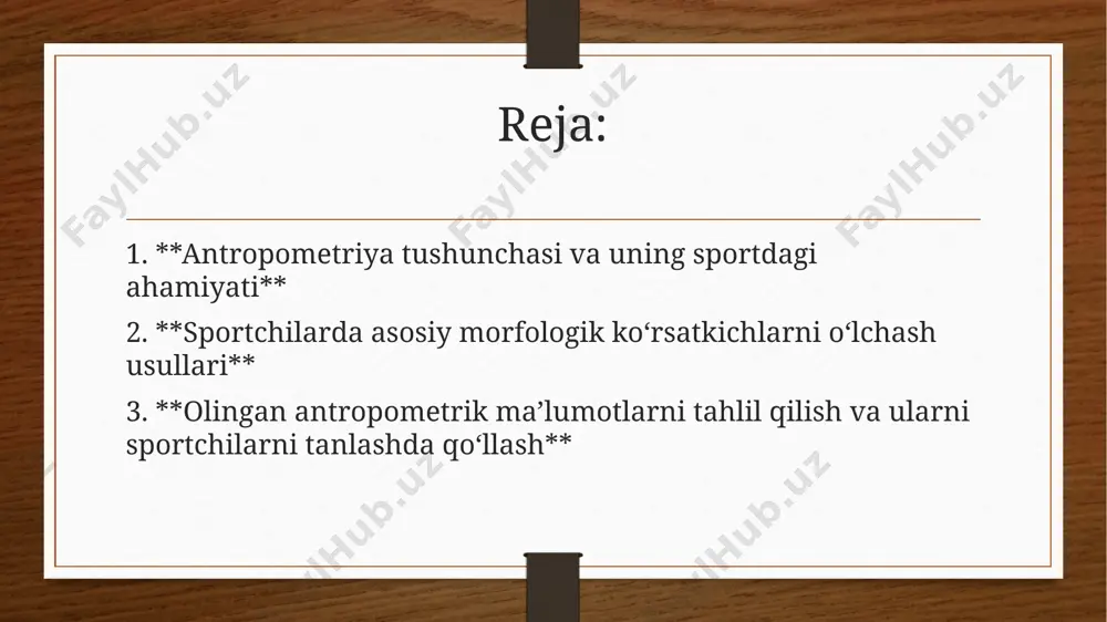 va sport turiga mos tana tuzilmasini aniqlash – tanlov va ixtisoslashtirish jarayonida; beshinchidan, tayyorgarlik rejasini moslashtirish, ya’ni qaysi mushak guruhlarini kuchaytirish zarurligini, qaysi qismlarda yog massasini kamaytirish kerakligini belgilash; oltinchidan, jarohatlar oldini olish – tana nisbatlari va be‘zalar ortiqcha yuklamalar, noto‘g‘ri taqsimlangan yuk natijasida kelib chiqqan stress hollari mavjud bo‘lishi mumkin. sportchilarda asosiy morfologik ko‘rsatkichlarni o‘lchash usullari turlicha. eng oddiy va keng tarqalganlari: tana uzunligi (bo‘y), tana og‘irligi (vazn), tananing vertikal uzunligi, tana qismlarining uzunliklari – oyoq uzunligi, qo‘l uzunligi, torso (tana tanasi) uzunligi, turli tana qismlarining aylana o‘lchamlari – bo‘yin, ko‘krak, bel, son, pastki oyoq, qo‘l bilagi, bilka, shuningdek teri osti yog qatlami qalinligi (skinfold o‘lchovlari). olingan antropometrik ma’lumotlarni tahlil qilish va ularni sportchilarga tanlashda qo‘llash – bu jarayon ham bir qator bosqichlardan iborat. avvalo normativ ma’lumotlar yoki ma’lumotlar bazasi bo‘lishi kerak: yosh guruhlari, jins, sport turi bo‘yicha standartar (percentillar, somatotip modul) ko‘rsatkichlar. masalan, bir tadqiqotda 898 sportchidan iborat …