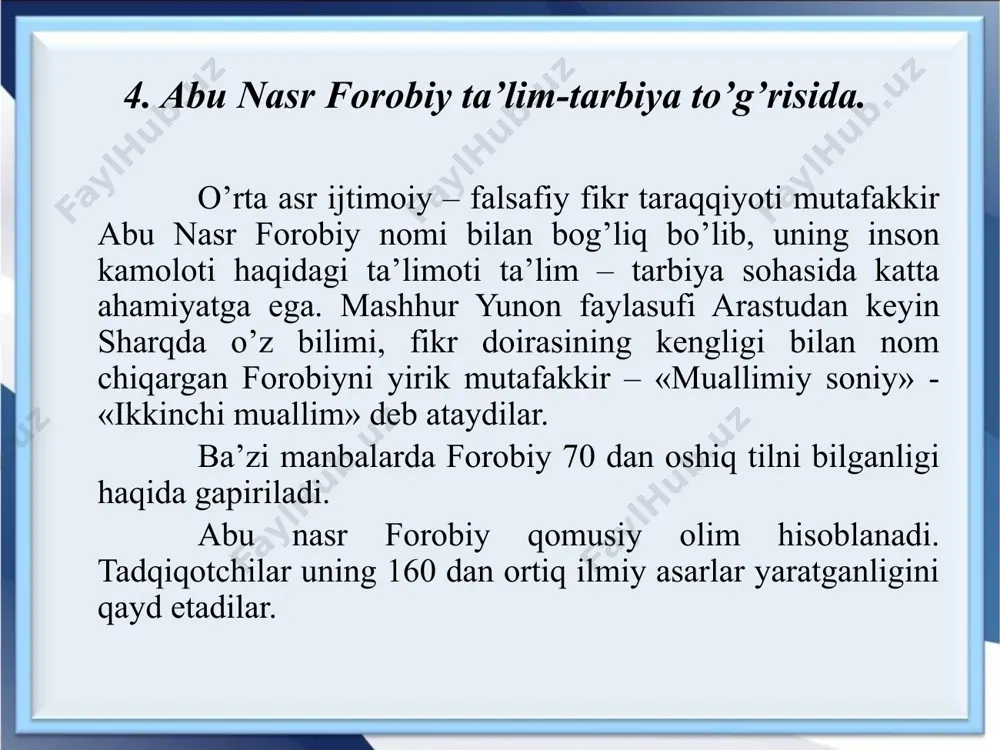 z forobiyning axloqni xulq me’yorlari ifodasi sifatidagini emas, balki kishilarning aqliy faoliyatining natijasi sifatida ham talqin etganligini ko’ramiz. forobiy «aql ma’nolari haqida» risolasida aql masalasini tahlil qilib, aql bilish haqidagi ta’limotida mantiq (logika) ilmi muhim o’rin tutadi deydi. u mantiq ilmi bilan grammatika o’rtasidagi mushtarakligini qayd etib, mantiqning aqlga munosabati, grammatikaning tilga munosabati kabidir. grammatika odamlar nutqini tarbiyalagani kabi, mantiq ilmi ham tafakkurni haqiqiy yo’lda olib borish uchun aqlni to’g’irlab turadi deydi. forobiy «muzika haqida katta kitob» degan ko’p jildi asari bilan o’rta asrning yirik muzikashunosi sifatida ham mashxur bo’ldi. u muzikaga ilmini nazariy, amaliy jihatdan yoritib, muzikani inson axloqini tarbiyalovchi sihat salomatligni mustahkamlovchi vosita deb qaragan. uning muzika sohasida qoldirgan merosi muzika madaniyati tarixida muhim ahamiyatga molikdir. forobiyning ta’lim-tarbiya yo’llari, usullari vositalri haqidagi qarashlari ham qimmatlidir. u insonda go’zal fazilatlar ikki yo’l – ta’lim va tarbiya yo’li bilan hosil qilinadi. ta’lim nazariy fazilatlarini birlashtirsa, tarbiya esa tug’ma fazilat – …