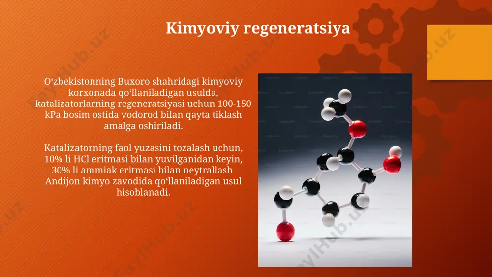 g turiga va ishlab chiqaruvchisiga bog'liq bo'lib, o'rtacha 0,5-2 mm ni tashkil etadi va bu yaponiyada ishlab chiqarilgan yuqori aniqlikdagi asboblar yordamida aniq o'lchanadi. yangi katalizator qatlami qo'shish samaradorligi, 20% ga yaqin aktiv moddalar yo'qotilgan katalizatorlarda 85% gacha tiklanishi mumkinligini ko'rsatadi, bu esa rossiya va aqshda olib borilgan tadqiqotlar bilan tasdiqlangan. katalizator faolligini tiklash usullari katalizator faolligini tiklashning bir usuli, 500°c da 2 soat davomida havo oqimida qizdirish orqali amalga oshiriladi, bu esa, ayniqsa, platina katalizatorlari uchun samarali hisoblanadi va germaniyadagi tadqiqotlar buni tasdiqlaydi. sanoat katalizatorlarining regeneratsiyasi uchun, 800°c gacha bo'lgan haroratlarda, inert gaz muhitida termal davolash, masalan, azot yordamida, rossiyaning kimyoviy zavodlarida qo'llaniladi. biologik regeneratsiya biologik regeneratsiya usuli, 2022 yilda rossiya olimlari tomonidan o'rganilib, 5-7% gacha katalizatorning ishlash muddatini uzaytirishi aniqlangan. biologik regeneratsiya jarayonida 10-15 kun ichida fermentlar faolligi 30% ga oshadi, bu esa o'zbekistonning qishloq xo'jalik erlarida qo'llaniladigan katalizatorlar samaradorligini yaxshilaydi. solvent ekstraksiyasi solvent ekstraksiyasi usuli, masalan, propan …