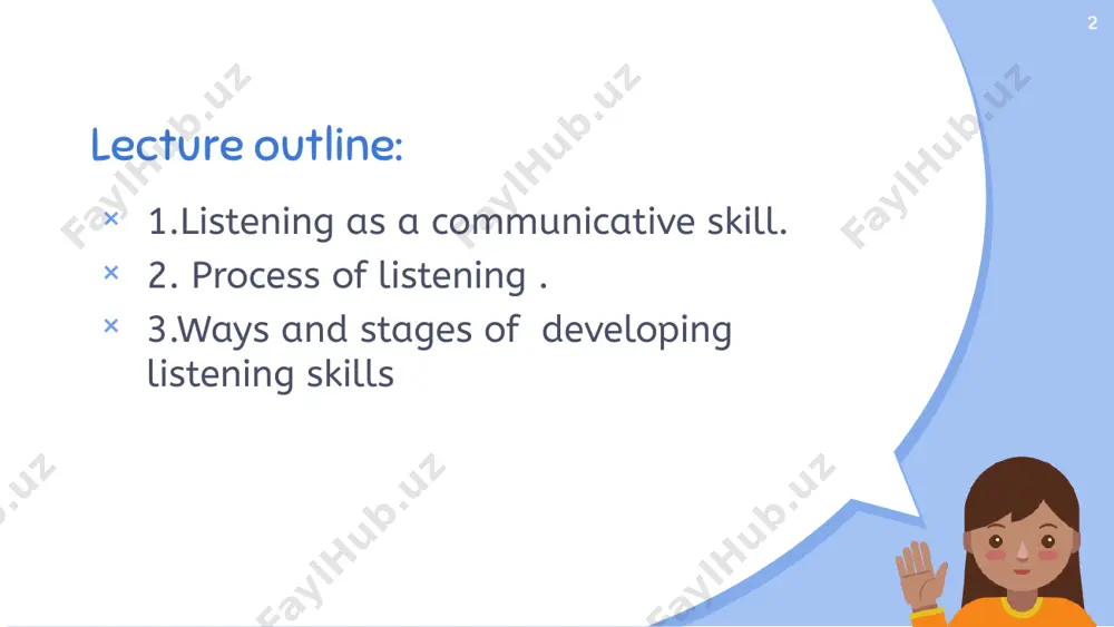 the listeners have got a correct idea ready in their minds about the heard text, they do not even notice the sounds that were deliberately deleted from the recorded text 10 2. process of listening . 11 process of listening listening as a receptive communicative process has its “product”, i.e. the information received. the ultimate purpose of listening is to get the “ideational structures” of the message, which makes a coherent whole. this coherent whole on paper can take the form of the “story map”, “flow diagrams” and “tree diagrams” . 12 process of listening : grid the function of the grid is to organize the message in chunks of meaning as a result of the listening process. 13 process of listening: flow chart the function of flow chart is to retain the sequential relationship between the elements of meaning in the oral text, which is perceived in the process …