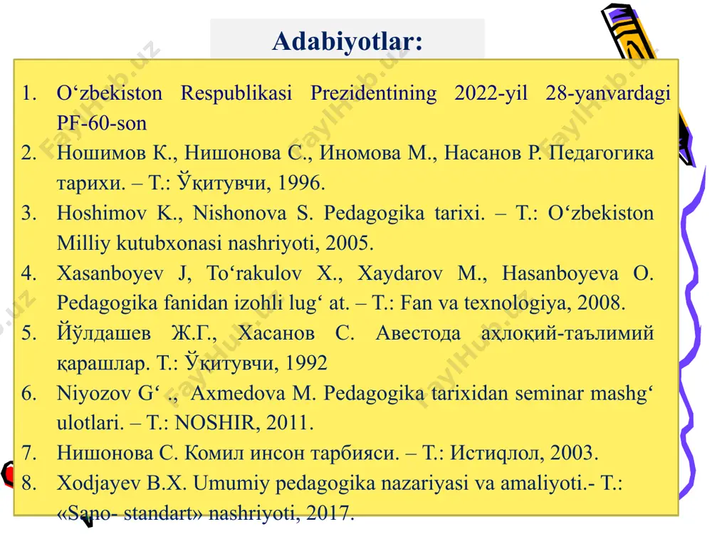 azmiy, so‘g‘d hamda parfiyanlar yashagan davrlar ruhini ifoda etadi, xolos. 1 тузувчи ишмуҳамедов р.ж. 9 arxeologik qazilmalar natijasida topilgan ko’rgazmali ashyolar. xalq og’zaki ijodi materiallari hamda yozma manbalar. buyuk adiblar, allomalarning ijodiy merosi. eng qadimgi madaniy boyliklarimizni o‘rganishda quyidagi uch guruhga ajratilgan manbalarga tayanamiz: 9 9 ma’lumki, ibtidoiy kishilar mehnat faoliyati jarayonida o‘z ehtiyojlarini qondirgan va bu jarayon yosh avlodda ham mehnat qilish, amaliy faoliyatni yo‘lga qo’ya olish borasidagi nazariy bilim, ko’nikma va malakalarni hosil qilishga zamin hozirlagan. mehnat faoliyatini tashkil etish jarayoni dastlabki paytlarda butun ijtimoiy hayotni yo’lga qo’yish negizida amalga oshirilgan bo’lsa, keyinchalik tarbiya inson faoliyati asosiy jihati, ijtimoiy ongni shakllantirishning muhim omiliga aylandi. 1 тузувчи ишмуҳамедов р.ж. 11 -bolalar va o’smirlar; -ijtimoiy hayot va mehnatda to’la ishtirok etuvchilar; -keksalar. dastlabki urug‘chilik jamiyatidan oldin ham inson yashash uchun kurashgan, mazkur davrda urug‘ning barcha a’zolari jamoa bo’lib harakat qilganlar. keyinroq kishilar mehnat faoliyatini jamoa a’zolarining yosh jihatlariga ko’ra quyidagi …
