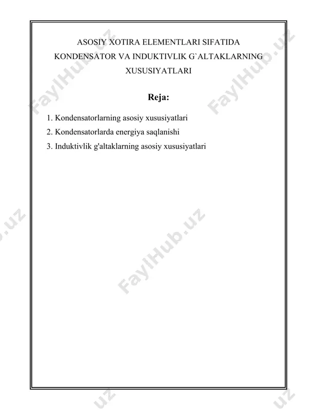 orlarning toleransi ±10% bo‘lishi mumkin. 5. **dielektrik**: kondensatorning dielektrigi uning elektr xususiyatlariga sezilarli ta'sir ko‘rsatadi. turli dielektrik materiallar mavjud: keramika, polyester, tantal va boshqalar. har bir material turli xususiyatlar va talablarga javob beradi, masalan, polyester kondensatorlar yuqori sig‘imni past kuchlanishlarda taklif qiladi. 6. **esr (ekvivalent ketma-ket qarshilik)**: bu kondensatorning ichki qarshiligini ifodalaydi va ohmlarda o‘lchanadi. kam esr qiymati kondensatorning energiyani samarali uzatish qobiliyatini oshiradi. 7. **esl (ekvivalent ketma-ket induktivlik)**: kondensatorlarning yuqori chastotali signallarga qarshiligini ifoda etuvchi indikator hisoblanib, eng kichik esl ga ega boʻlishi muhimdir, ayniqsa yuqori chastotali ilovalarda. 8. **yo‘qotish faktori (tangens delta, tan δ)**: bu parametr kondensatorning energiya samaradorligini ifoda etadi. kam yo‘qotish faktori kondensatorning samarali ishlashini ko‘rsatadi. 9. **fizik hajm va o'lchamlar**: kondensatorlarning jismoniy o‘lchamlari ularning sig‘imi va kuchlanish darajasiga bog‘liq. kompakt hajmli kondensatorlar kichik elektron qurilmalar uchun juda mos keladi. 10. **ulanish tipi**: kondensatorlarning ulangan turlari, masalan, axial, radial yoki smt (surface mount technology) ulamalari mavjud. …