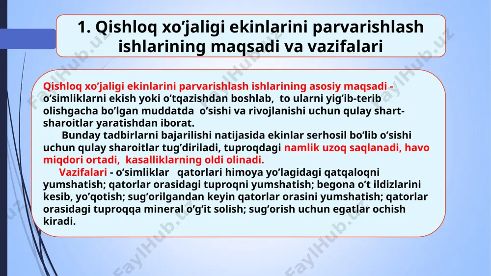 si 18-20, keyingilari 14-16sm 32,4 32,9 4. kultivatsiya va chuqur yumshatish chuqurligi birinchisi 12-14, ikkinchisi 18-20, keyingilari 12-14 sm birinchisi 14-16, ikkinchisi 22-25, keyingilari 14-16sm 32,6 33,3 maqbul muddatda kultivatsiya o’tkazishni paxta hosiliga ta’siri paxta hosili, ts/ga kultivatsiya kechiktirib o’tkazish natijasida hosildorlikni pasayishi, ts/ga maqbul muddatda, ya’ni yer yetilganda o’tkazilganda 4-6 kunga kechiktirib o’tkazilganda ts/ga % 20.5 15.1 5.4 26.4 29.5 22.3 7.2 25.2 34.1 27.6 6.5 19.1 o’simliklar qator orasiga ishlov berish samaradorligini oshirish 1) qatorlar oralig’iga ishlov berish har bir ekin ildizining rivojlanish xususiyatlarini e’tiborga olgan holda agrotexnik talablarga mos ravishda bajarilishi kerak. ekinlar ildizlariga zarar keltirmaslik uchun, qatorlar orasidagi tuproq har xil chuqurlikda yumshatish kerak, ya’ni g’o’za tuplari atrofida sayozroq, qator o’rtasini esa chuqurroq ishlov berish foydali bo’ladi. 2) kultivator ishchi qismlarini agrotexnik talablarga mos o’rnatish kerak. masalan, ekin niholiga yaqin ishlov berish chuqurligi talabga ko’ra 5-6 sm o’rniga 15-18 sm chuqurlikda ishlov berilsa, begona o’tlar ikki …