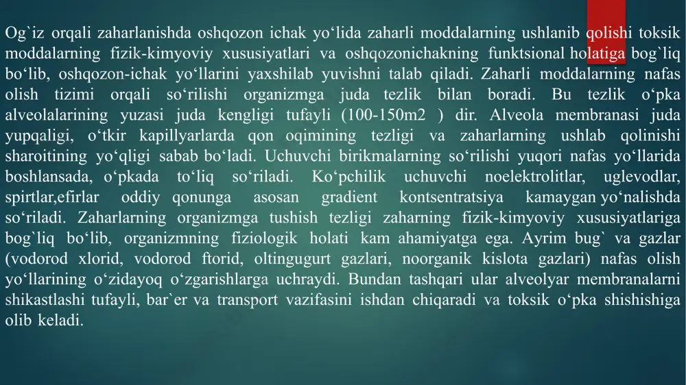 radi. organizmning sun`iy detoksikatsiya usullari asosan suyultirish, dializ va sorbtsiyadan iborat. suyultirish – bu toksik moddalarni organizmdan chiqarish va kontsentratsiyasini kamaytirish maqsadida toksik moddasi bo‘lgan biologik suyuqlikni shunga o‘xshash boshqa biologik suyuqlik bilan aralashtirish yoki almashtirishdir. qon oqizish – organizmda toksik modda kontsentratsiyasini kamaytirish va yo‘qotilgan qon miqdorini donor qoni bilan almashtirishga qaratilgan (qon almashtirish operattsiyasi). gemodilyutsiya – tsirkulyatsiyadagi qon hajmini oshirish yordamida ekzogen va endogen toksik moddalar kontsentratsiyasini kamaytirishga qaratilgan. organizm detoksikatsiyasi maqsadida organizmdan limfa chiqarib yuboriladi (davomli limforeya) va elektrolit, oqsilli eritmalar qo‘shiladi, so‘ngra limfa hosil qilinishi kuchaytiriladi. dializ – yarim o‘tkazuvchan membranalarning past molekulali moddalar va ionlarni o‘tkazish va kolloid zarra va makromolekulalarni tutib qolishga asoslangan usul. yarim o‘tkazuvchan membrana sifatida tabiiy seroz qobiqlar va sun`iy sintetik plenkalar (tsellofan, kuprofan va boshqalar) ishlatiladi organizm detoksikatsiyasi usullari. qustiruvchi moddalar (apomorfin, ipekakuana) oshqozonni yuvish (oddiy, zond orqali); ichakni yuvish (zond orqali, klizma-ho‘qna); . ichakni suruvchi vositalar (tuzli, yog`li, o‘simlik) …
