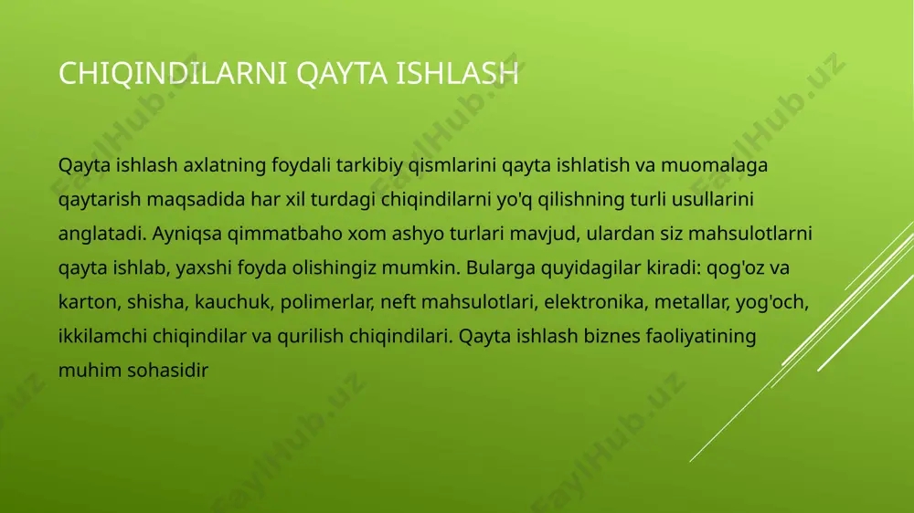 o'mir chiqindisi tarkibidagi ko'mirning yonishi evaziga yonilg'i-energiya resurslarini tejash imkonini beradi; yog'och chiqindilari ushbu texnologiya norvegiyada tug'ilgan, u erda yiliga 1 million tonnadan ortiq qog'oz va karton qayta ishlanadi. g'ayrioddiy "retsept" tufayli, norvegiyaliklar ishlatilgan va bosilgan qog'ozdan maxsus yopishtiruvchi qo'shimchalar yordamida mdfga o'xshash materialni yaratishni o'rganishdi, bu esa, tolali taxtadan farqli o'laroq, zararli formaldegid va erituvchini o'z ichiga olmaydi. natijada, ushbu mahsulotlar juda estetik jihatdan yoqimli, bardoshli, suv o'tkazmaydigan va yong'inga qarshi. va tashqi ko'rinishida bu oddiy yog'och taxtalarga juda o'xshash. bunday material mdf yoki yog'och mahsulotlari ishlatiladigan joyda ishlatilishi mumkin. qog'oz va shisha chiqindilarni qog'oz va shisha chiplari qayta ishlatish uchun juda mos keladi. ushbu amaliyot nafaqat rossiyada, balki dunyoning ko'plab yirik mamlakatlarida keng tarqalgan. shisha va qog'ozni qayta ishlash iqtisodiy jihatdan samarali jarayon. image1.jpg image2.jpg image3.png image4.jpg image5.jpg image6.jpeg image7.jpg