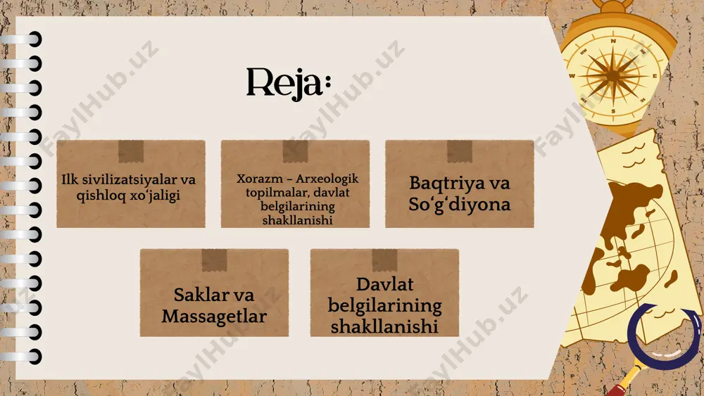 hunarmandlar, ruhoniylar va harbiylar. bu belgilar davlatchilik asoslari shakllanganidan dalolat beradi. maxsus lavozimlar, markazlashgan boshqaruv idoralari va hujjat yuritish tizimi shakllangan. bu jarayonlar o‘rta osiyoda qadimgi davlatlarning ijtimoiy barqarorligini ta’minlagan davan davlati davlat belgilarining shakllanishi ilk davlatlarda soliq yig‘ish, harbiy tuzum va qonunlar mavjud bo‘lgan. rahbarlar hokimiyatni meros tariqasida o‘tkazgan. fuqarolar qatlamlarga ajralgan: dehqonlar, hunarmandlar, ruhoniylar va harbiylar. bu belgilar davlatchilik asoslari shakllanganidan dalolat beradi. maxsus lavozimlar, markazlashgan boshqaruv idoralari va hujjat yuritish tizimi shakllangan. bu jarayonlar o‘rta osiyoda qadimgi davlatlarning ijtimoiy barqarorligini ta’minlagan ahamoniylar imperiyasi ahamoniylar imperiyasi bilan aloqalar miloddan avvalgi vi asrda ahamoniylar imperiyasi o‘rta osiyoga yurish qilib, ayrim hududlarini o‘z tarkibiga qo‘shgan. bu aloqalar orqali iqtisodiy va madaniy almashinuv kuchaydi. markaziy osiyo xalqlari ahamoniylarning byurokratik tizimidan foydalandilar. ahamoniylar ta’siri ostida arxitektura, yozuv, tangachilik va diniy qarashlarda o‘zgarishlar yuz berdi. bu jarayon tarixiy rivojlanishning muhim bosqichidir zardushtiylik va diniy tizimlar zardushtiylik dini bu davrda keng tarqalgan bo‘lib, davlat …