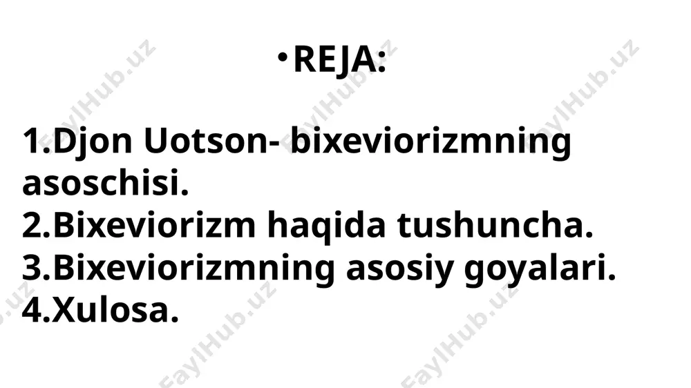 xevioristlar nazarida, psixologiya falsafasiga emas, balki tabiatshunoslik fanlariga tayanib kuzatish, eksperiment o‘tkazishi, subektiv uslubdan obektiv uslubga suyanishi lozim. bixeviorizm tirik mavjudotlar ruhiy dunyosini o‘rganish bevosita hissiy organlar yerdami bilan aks ettiriladigan narsa va hodisalargayo‘naltirilishi kerak, degan g‘oyani ilgari suradi. bixeviorizm nazariyasiga ko‘ra psixologiya fanining predmeti psixikani emas, balki inson va hayvonlar xatti-harakatini o‘rganishga yo‘naltirilmog‘i lozim. bixeviorizm vakillarining fikricha. psixologiyaning bosh vazifasi faqat tashqi ta’sir bilan unga qаytariladigan reaksiyalar o‘rtasidagi bog‘lanishlarni aniqlashdan iboratdir. bixeviorizmning ma’naviyatga zid jihati shundaki, u ongning inson xulqida tutgan o‘rni va uni ilmiy jihatdan o‘rganish mumkinligini inkor etadi. o‘tgan asrning boshlarida bixeviorizm tamoyil va usullari pedagogika sohasida, xususan, bolalarni tarbiyalashda keng qo‘llangan. hozirgi vaqtda ayrim g‘arb mamlakatlarda ruhiy xasta kishilarni davolashda foydalanilmoqda. pozitivizm falsafasi tamoyillari bixeviorizmning umummetodologik asosi boʻlib xizmat qilgan. bu tamoyilga koʻra, fan, bevosita kuzatib boʻlmaydigan ongni emas, balki faqat bevosita kuzatsa boʻladigan narsalarnigina qayd etishi lozim. bixeviorizm nuqtai nazaridan xulq „stimul—reaksiya“ (s—r) aloqalarining majmui …