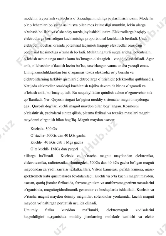 ogidrodinamik generator va boshqalarda ishlatiladi. kuchsiz va o’rtacha magnit maydon doimiy magnitlar, solenoidlar yordamida, kuchli magnit maydon yo’naltirgan portlatish usulida olinadi. umumiy fizika kursidan ma‟lumki, elektromagnit xodisalarini ko„pchiligini o„rganishda moddiy jismlarning molekulr tuzilishi va elektr zaryadlarni diskretligini e‟tiborga olishning zaruriyati yo„q. elektromagnit xodisalarini o„rganishga bo„lgan bunday yondashuv oqibatida moddaning elektr va magnit xodisalarini dielektrik singdiruvchanlik va magnit singdiruvchanliklar bilan, o„tkazgichlarni elektr o„tkazuvchanligini esa solishtirma o„tkazuvchanlik bilan xarakterlanadi. zaryadlar va toklar fazoda uzliksiz taqsimlangan deb faraz qilinib, ular zaryadning xajmiy zichligi ρ va tok zichligi bilan tavsiflanadi. jismlar, zaryadlar va toklarning bunday ideallashtirib qaralishi mumkin. asosida shunday ideallashtirib qarash yotadigan elektromagnit maydon nazariyasi fenomenologik elektrodinamika deyiladi. uning boshqacha nomi makraskopik elektrodinamikadir. xozirgi zamon atamashunosligi tushinchasiga ko„ra makraskopik elektrodinamika elektromagnit maydonning klasik nazariyasi bilan to„la mos tushadi. bu nazariyaga j. k. maksvell (1831-1879) o„zining mashxur “elektr va magnetizm xaqida traktat” (1873)-deb nomlangan fundamental ishida asos solgan. g. gers (1857-1894) o„zining mashxur tajribalarida …