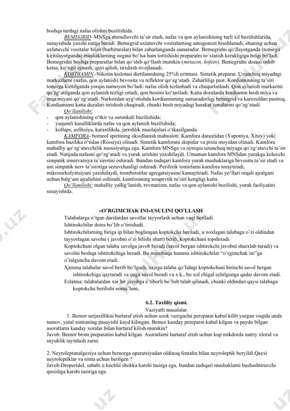 iya va boshqa klinik yo’nalishlarda va shu bilan birga xususiy farmakologiyada kerak bo’ladi. 5. nazorat uchun savollar 1.analeptiklar-nima uchun qo’llaniladi? 2.qaysi prepartlar analeptiklarga kiradi? 3.kordiaminni ta’sir mexanizmi qanaqa? 4.analeptiklar tasnifi va qo’llanilishi? 5.analeptiklarga qanday dori vositalari kiradi? 6.kofein odamning oliy nerv faoliyatiga kanday ta’sir ko’rsatadi? 7.kofein ta’sirida yurak – kon tomir sistemasida kanday samara kuzati 8. dorilarni chiqarish shakli, dozasi, miqdori va qo’llanilishini ko’rsatib resteptlar yozing kordiamin (tab, amp), kofeina-natriya benzoat (tab, amp) 6. mashgulot mazmuni: 6.1. nazariy qismi analeptiklar (analambano – ko‘tarish, mustaxkamlash, sog‘ayish, grekcha so‘z). bu guruh vositalar mnsga stimullovchi ta’sir ko‘rsatadilar. har bir preparat bosh miyaning ma’lum markazlariga ta’sir etadi. kofein – bosh miya po‘stloq qavatiga, karozol, kordiamin, bemegrid-uzunchoq miya markazlariga, strixnin orqa miyaga. katta dozalarda hamma analeptiklar qo‘zg‘alish jarayonini tarqalishini tezlashtiradilar va shu tufayli tirishish hurujini keltirib chiqaradilar. shuning uchun ular tirishish chaqiradigan zaharlar deb ham ataladi. bosh miyada qo‘zg‘alish kuchaysa-klonik tirishi yuzaga keladi (kamfora, korozil, …