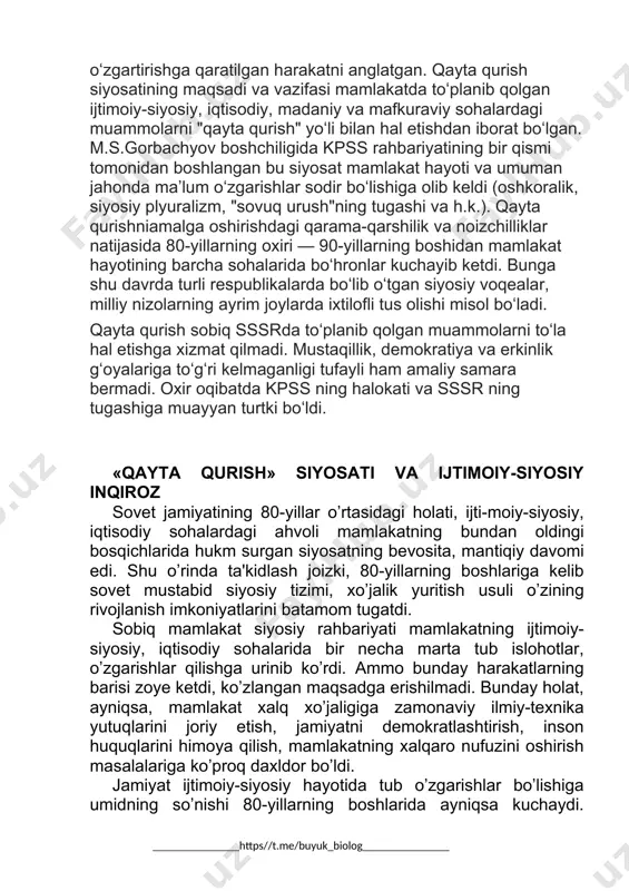 rslar, energiya, inson mehnati sarf etilishi, temir, po’lat, stanoklar ishlab chiqarish bo’yicha dunyoda birinchi o’rinni egallashiga qaramas-dan mamlakatda raqobatbardosh mahsulotlar ishlab chiqarishning yo’lga qo’yilmaganligi qayd etildi. qayta qurishning birinchi bosqichi (1985—1987-yil-lar) ma'muriy-tashkiliy tadbirlarning an'anaviy usullarda olib borilishi bilan izohlandi. mazkur bosqichda kun tartibiga qo’yilgan vazifalardan biri ilmiy-texnika taraq-qiyoti yutuqlarini ishlab chiqarishga jalb etish asosida jamiyatda tub iqtisodiy taraqqiyotni jadallashtirish va uning asnosida inson omilini faollashtirishdan iborat bo’ldi. qayta qurishning dastlabki davrlarida asosiy e'tibor mamlakat iqtisodiyotini rivojlantirishga qaratildi. ammo bunday jarayonni ijtimoiy munosabatlarni takomil-lashtirmasdan amalga oshirish mumkin emasligi tezda ayon bo’lib qoldi. shuning uchun 1986-yilda qayta qu-rish va ijtimoiy munosabatlar masalasiga alohida e'tibor berildi. bunday siyosatning markazida esa jamiyatni demokratlashtirish, ma'muriy-buyruqbozlik va byurokra-tizmga, qonunsizlikka qarshi kurash turar edi. natijada jamiyat ijtimoiy-siyosiy, iqtisodiy, madaniy hayotida ma'lum o’zgarishlar ro’y bera boshladi, kishi-larning ijtimoiy faolligi oshdi, demokratiya sari qadam tashlandi, milliy o’zlikni anglash jarayoni yuz berdi. ammo tub o’zgarishlarni, barcha sohalarda haqiqiy islo-hotlarni amalga …