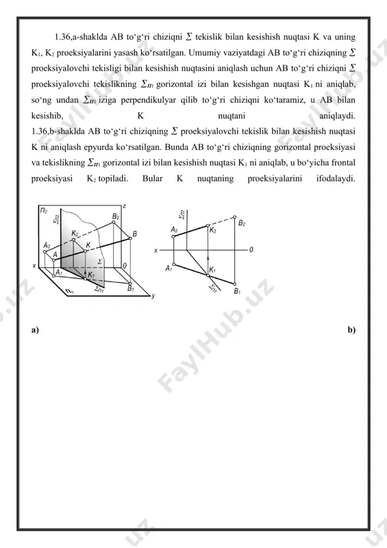 ar ab to‘g‘ri chiziqning chizmasi berilgan. ab to‘g‘ri chiziq tekislikning bosh chiziqlariga perpendikulyar joylashgan. to‘g‘ri burchakning ortogonal proeksiyadagi xossalariga asosan, ab to‘g‘ri chiziq bilan tekislikning gorizontali orasidagi to‘g‘ri burchakning gorizontal proeksiyasi to‘g‘ri burchakdan iborat. 1.40-shakl 1.41-shakl misol: a(a1,a2) nuqtadan izlari bilan berilgan (п1,п2) tekislikka tushirilgan perpendikulyarning xaqiqiy uzunligi aniqlansin. 1.42-shakl yechish (1.42-shakl): a nuqtadan (п1,п2) tekislikka perpendikulyar to‘g‘ri chiziq o‘tkaziladi. perpendikulyar orqali yordamchi frontal proeksiyalovchi tekislik o‘tkazib, u berilgan tekisligini kesishgan chizig‘i mn aniqlanadi. mn to‘g‘ri chiziq perpendikulyarni k(k1,k2) nuqtada kesadi. a0k1 kesmaning uzunligi a nuqtadan tekislikkacha bo‘lgan masofani ifodalaydi. umumiy vaziyatda joylashgan ikki tekislikning kesishish chizig‘ini yasash. ikki tekislikning o‘zaro kesishuv chizig‘ini aniqlashda quyidagi ikki: umumiy usul - yordamchi kesuvchi tekisliklar usuli va to‘g‘ri chiziq orqali proeksiyalovchi tekislik o‘tkazish usullaridan foydalaniladi. 1.43-shakl berilgan epyurda umumiy vaziyatda joylashgan (ab) va (△abc) tekisliklarning kesishuv chizig‘i umumiy usulda aniqlangan. 1.43-shakl bu ish quyidagi tartibda bajariladi: · berilgan ikki tekislikni kesuvchi gorizontal f …