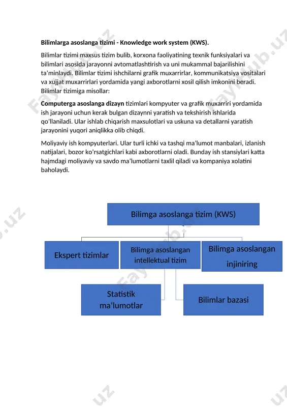 , diagramma, matn, chizma-grafik…. dss - qarorlarni qo’llab quvvatlash tizimi yangi qonun xujjatlari, obi-havo ma’lumotlari, standartlar… qaror variantlari.. …. …. …. …. ess - yuqori darajadagi qarorlar qabul qilish …. …. …. …. …. va boshqalar mavzu: kompyuter va mobil dasturiy ilovalari. n dasturiy ilova turi shaxsiy jamoaviy tashkilot miqyosidagi 1 tizimli ilovalar operatsion tizimlar: smartfon, planshet, shk tarmoq operatsion tizimi server va mainframe os. lar 2 amaliy ilovalar matn muharrirlari, jadval muharrirlari, mo, va grafik muharrirlarri email, jamoa ishini rejalashti-rish ilovalari, guruxda birgalikda ishlash ilovalari, hamkorlik ilovalari. umumiy moliya hisobotlari uchun ilovalar, buyurtmalarni qayta ishlash, qaydnomalar bilan ishlash ilovalari, kadrlar bo’limi ilovalari. operatsion tizimning vazifasi amaliy dasturiy ilovalar va kompyuterning qurilmalari o’rtasida interface (bog’lovchi) hisoblanadi. ot lar kompyuterdagi jarayolarni boshqarishda quyidagi besh uslubni qo’llaydi: multiuser - ko’p foydalanuvchini qo’llab quvvatlash. bir vaqtning o’zida bir tizimda bir necha foydalanuvchiga ishlash imkonini taqdim etadi. bir vaqtning o’zida foydalanuvchilar sonining ortishini qo’llab-quvvatlovchi …