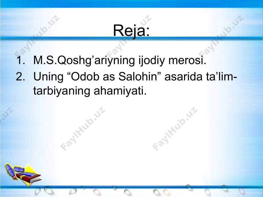 atvorga ega bo’lishini taqozo etuvchi ijtimoiy zaruriyat mohiyati batafsil ochib beriladi. asarda ilgari surilgan asosiy g’oya – insonlarning ijobiy xulq-atvorga ega bo’lishlari jamiyatda ruhiy xotirjamlik va moddiy farovonlikni qaror toptiruvchi asosiy omil ekanligini asoslashdan iboratdir. alloma mazkur g’oya mohiyatini sharhlar ekan, inson odob-axloq qoidalarini egallay olmasa hamda ijobiy hulq-atvori bilan muaddab (odobli) va muzazzab (toza) bo’lmasa, nafaqat o’zi, balki butun dunyoga yomonlik tarqatadi degan qarashni ilgari suradi. birinchi bob salomlashish, ko’rishish, qo’l olishish hamda ruxsat so’rash qoidalari to’g’risida ma’lumotlar berishga yo’naltirilgan bo’lib, mazkur bob to’rt fasldan tashkil topgan. ikkinchi faslda esa salomlashish odobining o’n ikki qoidasi borasida fikr yuritiladi. mazkur o’rinda salom berish va alik olish masalasida bugungi kunga qadar davom etib kelayotgan munozaraga nuqta qo’yilgan. muallifning fikriga ko’ra, salom bermak sunnat, javobi farzu ayyondir. muhammad sodiq qoshg’ariyning e’tirof etishicha, salom quyidagi holatlarda quyidagi kishilar tomonidan berilishi maqsadga muvofiqdir: ulug’ kichikka, otliq piyodaga, yuruvchi o’ltirguvchiga, ozchilik ko’pchilikka, xonaga kirib keluvchi, …