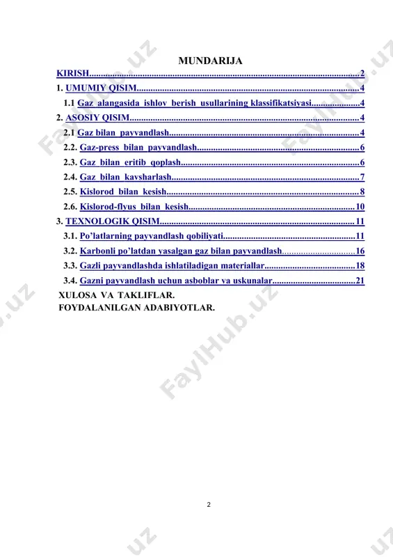 ‘tkazildi. dastlab bu yangi usulni avtogen payvandlash deb atadilar (grekcha «autos» · o’zim va «genes» — hosil bo’laman so’zlaridan olingan). bu jarayon temirchilik usulida payvandlashdan oson bo’lib, temirchilik usulida payvandlashda birikma qizdirilgan detallarni bir-birining ustiga qo’yib, birgalikda bolg’alash yo’li bilan olinardi. keyinchalik «avtogen payvandlash» atamasi eskirdi va 1950-yildan boshlab «gaz bilan payvandlash» yoki «gaz alangasi yordamida payvandlash» atamalari qo’llana boshlandi. metallarga gaz alangasida ishlov berishda metallarni gaz-termik kesish yetakchi o’rinni egallaydi. gaz-termik kesishni qo’llamadan turib bir qator muhim konstruksiyalarni bajarish mumkin emas. kimyo, neft, energetika mashinasozligi va apparatsozlikda hamda boshqa sohalarda ham gaz-termik kesishsiz ish bajarishning iloji yo’q. gaz bilan payvandlashda jihozlar va texnologik usullar bilan yondosh (gaz-kislorodli alanga metallni qizdirish manbayi bo’lib xizmat qiladigan) jarayonlar ham keng qo’llaniladi. bunday jarayonlarga: gaz alangasida yuzani toblash, kavsharlash, buyumlarni gaz alangasida to’g’rilash, metall bilan qoplash usullari kiradi. toshkent davlat texnika universitetining «payvandlash ishlab chiqarish mashinalari va texnologiyasi» kafedrasi xodim laritomonidan respublikamiz kasb …