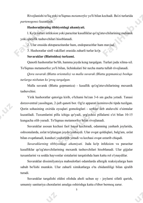 parazitlar hisoblanadi. qandalalar devorlar yorig'ida, mebellarda, o'rin-ko'rpada, gilamlarda va boshqa joylarda yashaydi, odamga asosan kechasi hujum qiladi. tashqi muhit sharoitlariga o'ta chidamli, bir yilgacha ochlikka chidashi mumkin. ularning og'iz apparati qon so'rishga moslashgan, sanchib-so'ruvchi tipda tuzilgan (rasm). qandalalar to'liqmas metamorfoz usulida ko'payadi. tuxumdan qulay haroratda (25°c) qon so'ruvchi lichinkalar chiqadi. lichinkalar qulay sharoitlar mavjud bo'lsa 28-30 kunda 5 marta tullaganidan keyin yetuk shaklga aylanadi. qandalalar chaqqan joylari chidab bo'lmaydigan darajada qichitadi, odamning tinchligini buzadi, asabiylashtiradi, chaqilgan joylarda allergik reaksiyalar, yiringlash kuzatilishi mumkin. qandalalar yuqumli kasalliklar qo'zg'atuvchilarining tashuvchilari bo'lishi ham mumkin degan dunyoqarashlar mavjud bo'lsa ham, hozirgacha bu taxminlarga ishonchli dalillar yo'q. qandalalarga qarshi kurashish uchun odamlarning yashash, turmush sharoitlarini yaxshilash, uy devorlari, mebellar, o'rin-ko'rpalarni insektidsitlar bilan ishlov berish zarur. janubiy amerikada yashaydigan triatomli qandalalar amerika tripanosomozi (chagas kasalligi) qo'zg'atuvchisining spetsifik tashuvchisi hisoblanadi. bitlar (anoplura) turkumi. bitlar, odamlar va hayvonlarning qanotsiz qon so'ruvchi ektoparazitlaridir. bitlarning 200 dan ortiq turlari malum. bitlar …