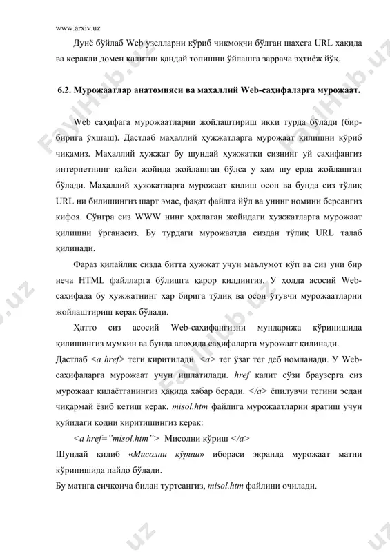 yahoo олами руйхати 4. мурожаат ранги. world wide web даги мурожаат матнининг рангини ўзгартиришингиз мумкин. сизнинг web саҳифангизнинг матнини рангини body теги ёрдамида ўрнатиш мумкин: шу тарзда гипермурожаат матнининг рангини ҳам бошқариш мумкин. қуйида 3 та янги калит сўз келтирилган: link - link калит сўзи text каби ишлатилади. link=blue ўрнатилган бўлса (ёки бошқа бир ранг), фойдаланувчи ҳали ишлатмаган (сичқонча билан туртмаган) мурожаатлар кўк рангда бўлади. vlink - айрим ҳолларда бир неча мурожаатларнинг ранги бошқаларидан ажралиб турганини сезган бўлишингиз мумкин. бу марожаат сиз томонингиздан фаоллаштирилганлигидан далолат беради. фойдаланувчи мурожаат қилган мурожаатларнинг рангини (visited line) vlink калит сўзи билан ўзгартириш мумкин. мурожаатнинг рангини очиқ кўк рангга ўзгартириш учун қуйидаги кодда ёзиш керак: alink - мурожаатга сичқонча билан туртган пайтдаги рангни ўзгартириш мумкин. мурожаатнинг фаол ранги alink калит сўзи ёрдамида берилади. кимдир сизнинг саҳифангизга кирганида мурожаат ранги link билан берилган рангда бўлади. лекин қачонки сиз уни сичқонча билан туртсангиз қисқа вақтгача tlink билан …