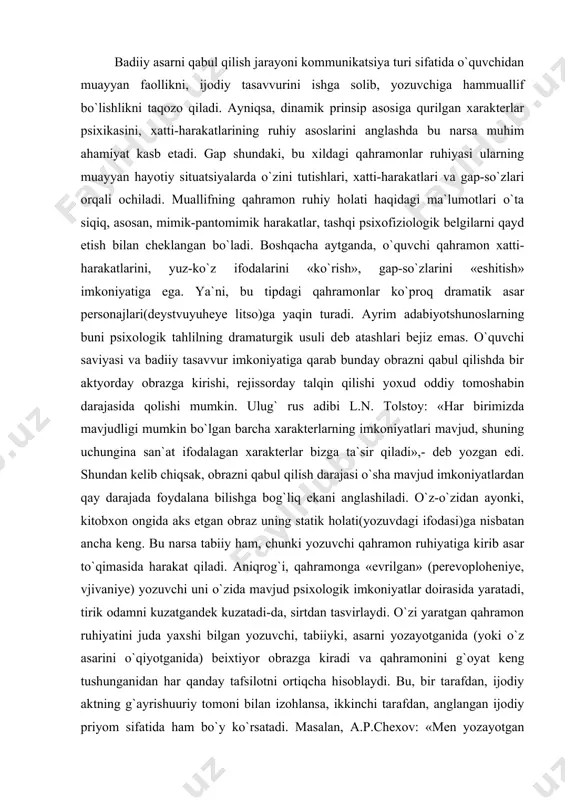 yozuvchi uni o`zida mavjud psixologik imkoniyatlar doirasida yaratadi, tirik odamni kuzatgandek kuzatadi-da, sirtdan tasvirlaydi. o`zi yaratgan qahramon ruhiyatini juda yaxshi bilgan yozuvchi, tabiiyki, asarni yozayotganida (yoki o`z asarini o`qiyotganida) beixtiyor obrazga kiradi va qahramonini g`oyat keng tushunganidan har qanday tafsilotni ortiqcha hisoblaydi. bu, bir tarafdan, ijodiy aktning g`ayrishuuriy tomoni bilan izohlansa, ikkinchi tarafdan, anglangan ijodiy priyom sifatida ham bo`y ko`rsatadi. masalan, a.p.chexov: «men yozayotgan vaqtimda o`quvchi hikoyada yetishmayotgan subyektiv unsurlarni o`zi qo`shib olishiga umid qilaman»,- deb yozadi. «kecha»ning eng dilbar qahramoni — zebi obrazini yaratishda cho`lpon «evrilish san`ati»ning beqiyos namunasini namoyon qiladi. albatta, zebining ruhiyatini anglashda u yashayotgan mikromuhitni nazarda tutish lozim, lekin bu narsa avvalgi bobda ko`rilganidek yetakchi ahamiyat kasb etmaydi. zero, a.qodiriy ra`no haqida «tabiat xasis emas: tikandan gul, aridan bol yarataveradi» degani kabi, zebi ham razzoq so`fi xonadonida o`sha sahovatli tabiat mo`jizasidek ajralib turadi. romanning boshlanishida qo`llangan psixologik parallelizm usuli o`quvchini qahramon olamiga olib kiradi. lirik peyzaj …