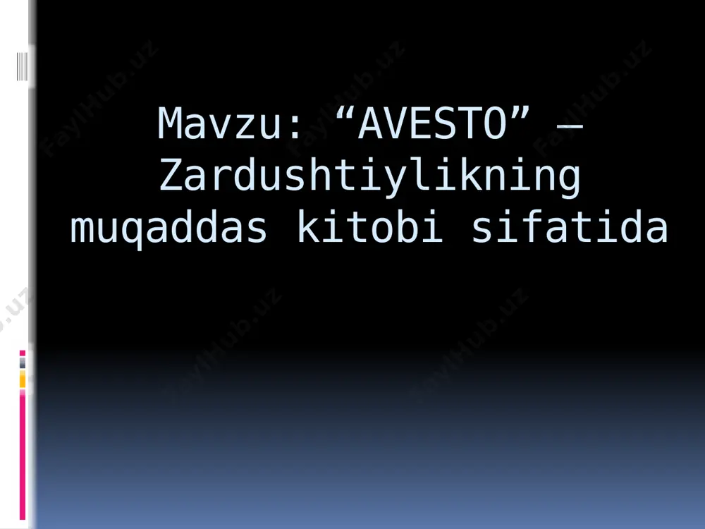 gan, vishatspa birinchi bo’lib uning ta’limotini qabul qildi. “avesto”ning keyinroq yozilgan boblarida zardushtning shaytonlarga qarshi so'zi, mo’jizalar bilangina emas, qurol bilan ham jang qilgan afsonaviy kurashchi sifatida tasvirlangan. olimlarning aniqlashicha, jannatdagi hurlar to’g’risidagi rivoyatlar “avesto”obrazlari orqali (asosida)shakllanadi. zardushtiylikning hozirgi shakli forsiylik. hozirgi paytlargacha saqlanib qolgan dafn marosimlari o’ziga xos xususiyatlari mavjud: murdalar bir necha past- baland “sukunat minoralari” ”dahmalar"ga solinadi, u yerda murdalarning go’shtlarini qushlar yeydi; go’shtdan tozalangan suyaklar minora o’rtasidagi chuqur quduqga sochib yuboriladi. bunda “halol” bilan “harom”ning bir-biriga yaqinlashmasligiga erishiladi. zardushtiylik ibodatxonalarida mangu olov yonib turadi. zardushtiylikning asrlar mobaynida mazmun- mohiyati o’zgarib keldi, arshakiylar va sosoniylar davrida davlat diniga aylangan. o’zbekistonda chop qilingan “avesto” kitobida chizilgan ushbu rasmda darvish qiyofasi tasvirlangan. hamda uning ostida shunday so’zlar yozilgan: "darvishlarning anduhlarni yaratguvchi mehribonlik va javonmardligini olqishlaymiz". "yetti buyuk yasht" “avesto” dagi ma’lumotlarga ko’ra, o’rta osiyo aholisining ijtimoiy-iqtisodiy munosabatlar quyidagicha bo’lgan. nmana oila jamoasi vis patriarxal urug’ jamoasi zantu qabila jamoasi …