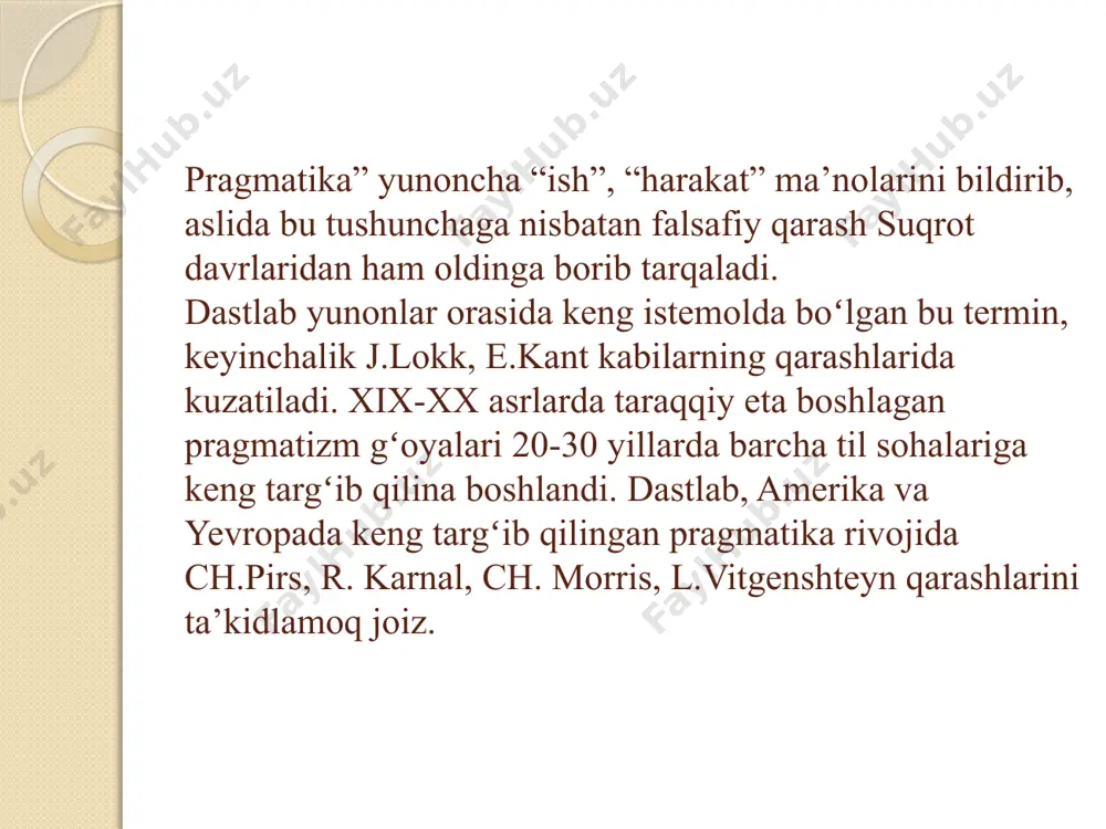falaridan farqlash, chegarasini, oʻrni va maqomini belgilash kabi koʻplab masalalar muayyan nutq birligining lingvopragmatik aspekti muammolari hisoblanadi. lingvopragmatika muammolarini aniqlash va belgilab, tahlil qilishda taniqli tilshunoslar n. mahmudov, a. nurmonov, sh. safarov, m. hakimov, h. ne’matov, d. lutfullayevalarning va ularning shogirdlari, izdoshlarining kuzatishlari e’tibor va e’tirofga loyiq. ularning ilmiy tadqiqotlarida gapning lingvopragmatik xususiyatlari haqida ham qiziqarli kuzatishlar, ilmiy asosli fikr-mulohazalar, xulosa va tavsiyalar oʻrin olgan demak, pragmatikaning fan sifatida shakli til belgilarining funksional jihatdan nutqning turli jarayonida fikr ifodalash va uni anglash, tushunish mezonlariga asoslanadi. pragmatika obyektiv olamdagi voqeliklarni aks ettiruvchi elementlardan tashkil topgan boʻlib, uning tahlil obyektiga soʻzlovchi –subyekt, nutq qaratilgan shaxs ya’ni tinglovchi subyekt, xabar yuboruvchi adresant, xabarni qabul qilib oluvchi adresat, kommunikatsiyada oʻzaro bogʻlanish, munosabat, nutqiy akt, matn, aloqa qilish, muloqot vaziyati bilan bogʻliq masalalar kiritilgan. lingvistik pragmatikaning maqsadi “kontekstda tilni oʻrganish”. bu esa bevosita kommunikatsiya jarayonida tilni ijtimoiy va situativ tadqiqida namoyon boʻladi. lingvistik tahlil lisonning …