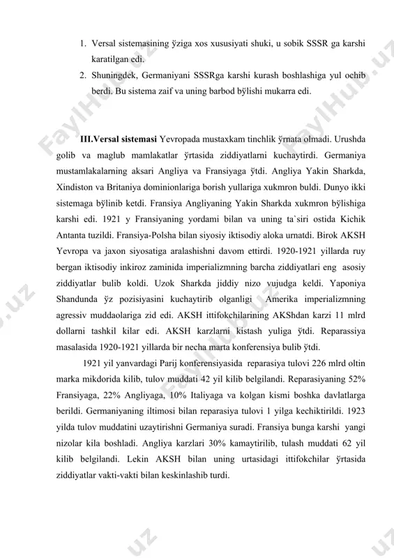 b, tulov muddati 42 yil kilib belgilandi. reparasiyaning 52% fransiyaga, 22% angliyaga, 10% italiyaga va kolgan kismi boshka davlatlarga berildi. germaniyaning iltimosi bilan reparasiya tulovi 1 yilga kechiktirildi. 1923 yilda tulov muddatini uzaytirishni germaniya suradi. fransiya bunga karshi yangi nizolar kila boshladi. angliya karzlari 30% kamaytirilib, tulash muddati 62 yil kilib belgilandi. lekin aksh bilan uning urtasidagi ittifokchilar ўrtasida ziddiyatlar vakti-vakti bilan keskinlashib turdi. 1921 yil martda xokimiyat tepasiga kelgan prezident garding boshchiligidagi respublikachilar xukumati parij konferensiyasining uzok sharkka doir karorlarini kayta kurib chikishni ўzining asosiy vazifalaridan biri kilib kuydi. aksh angliyaning dengizdagi xukmronligini yukotishga, angliya-yaponiya ittifokini tugatishga, yaponiyaning xitoyda kuchaygan pozisiyasiga putur yetkazishga xamda xitoyda “ochik eshiklar “ va teng imkoniyatlar “ prinsipiga rioya kilish baxonasi bilan xitoyning aksh tomonidan asoratga solinishi uchun sharoit yaratishga zўr berib intildi . aksh ўzining iktisodiy va moliyaviy kuvvatiga tayanib, ўzidan boshka iperialistik davlatlarning uzok shark rayonlaridagi ziddiyatlaridan foydalandi. akshning tashabbusi bilan yangi …