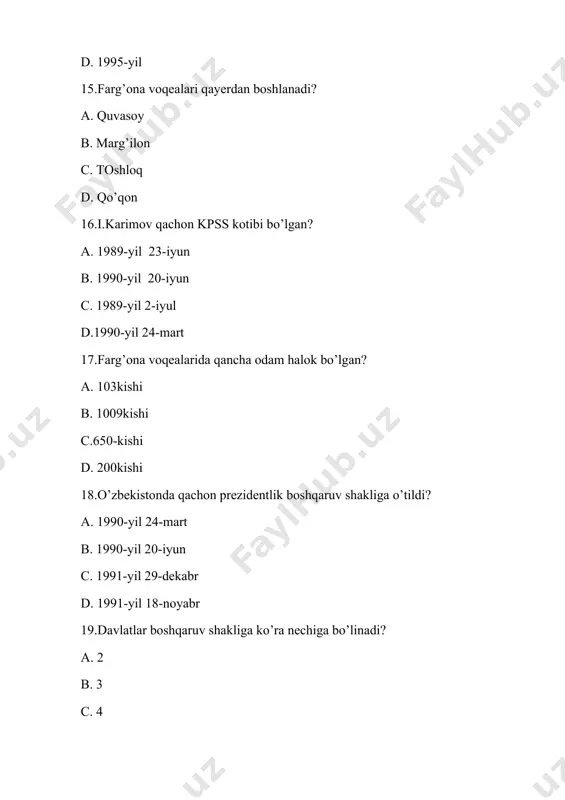 uyushgan jinoyatchilikka qarshi konvensiya 44. bugungi kunda yurtimizda qancha millat va elat vakillari istiqomat qiladi? a. 130 dan ortiq b. 100 dan ortiq c. 50 dan ortiq d. 150 dan oriq 45. fuqarolarnin saylov huquqlari nechchiga bo’linadi? a. 2 ga b. 3 ga c. 4 ga d. to’ri javob yo’q 46. harakatlar strtegiyasi qachon qabul qilingan? a. 2017-yil 7- fevral b. 2016-yil 4-dekabr c. 2017- yil 27-noyabr d. 2016-yil 28-dekabr 47. “o’zbekiston respublikasining referendumi tog’risida”gi qonuni qabul qilingan yilni aniqlang a. 1991-yil 18-noyabr b. 1991-yil 29-dekabr c. 1991-yil 17-mart d. 1992-yil 4-yanvar 48. o’zbekistonda saylov natijalarini aniqlashda qaysi usuldan foydalaniladi? a. majoritar b. aralash c. proporsional d. teokratik 49. bugungi kunda yurtimizda nechta siyosiy partiya mavjud? a. 5 ta b. 4 ta c. 3 ta d. 2 ta 50. quyidagilardan qaysi biri davlat hokimyatining mustaqil tarmog’i? a. barchasi b.vazirlar mahkamasi c. sud hokimyati d. oliy majlis 51. “fuqarolar salomatligini muhofaz …