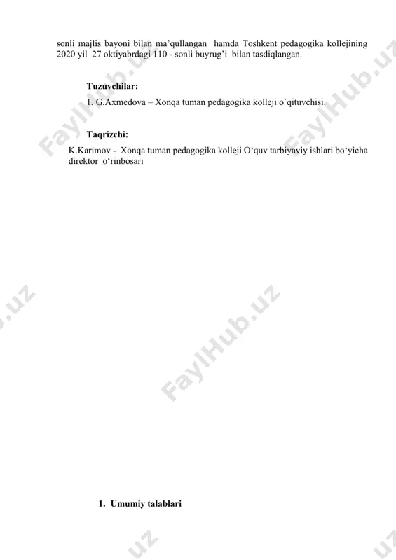chi havflar va ularni oldini olish yo`llari; hayot faoliyati xavfsizligining o`ziga xos qonuniyatlarini, texnik me`yorlari. xalqaro nufuzli tashkilotlar va mamlakatlar faoliyatida turli tusdagi favqulodda vaziyatlarning oldini olish,ularning inson hayoti, atrof-muhit, qishloq xo’jaligi, sanoat, fan va madaniyat, tadbirkorlik va biznesga zararli oqibatlarini kamaytirish borasidagi muammolarning asosiy masalaga aylanganligi. 2 n 1 ii-bo`lim. mttda bola hayotiga ta’sir etuvchi xavflar va ularning turlari 3 mttda bola hayotiga ta’sir etuvchi xavflar va ularning turlari mttning proyekti bilan tanishish. sog`lomlashtirish yo`nalishi qoidasi materiallar va vositalar mazmuni. binoning ichki va tashqi tuzilishi. mttning barcha xonalarini (guruh xonasi, yuvinish xonasi, yotoqxona, musiqa zali, sport zali, oshxona, yo`laklar) havfsizligini ta`minlash. o`quv xonalarini sun’iy yorug`lik bilan ta’minlash turlari, o`quv va maehnat faoliyatini olib borish xonalarida shovqin ko`rsatkichlari. 2 n 1 4 mttda hayot faoliyati xavfsizligini ta`minlash zarurati mttda hayot faoliyati xavfsizligini ta`minlash zaruratini o`rganish. mttda bola hayotiga ta’sir etuvchi xavflar va ularning turlari, mehnat faoliyati havfsizligi. bolaning yoshiga mos …