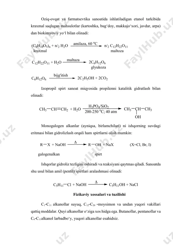 amil (pentil) spirtlari aralashmasi olinadi: fizikaviy xossalari va tuzilishi c1c11 alkanollar suyuq, c12c20 moysimon va undan yuqori vakillari qattiq moddalar. quyi alkanollar o‘ziga xos hidga ega. butanollar, pentanollar va c6c11alkanol larbadbo‘y, yuqori alkanollar esahidsiz. alkanollar molekulyar massalari yaqin bo‘lgan tegishli alkanlar va hatto galogen alkanlarga nisbatan yuqori haroratda qaynaydi. buning asosiy sababi alkanollarning molekulalari assotsilangan bo‘lib, ular o‘rtasida vodorod bog‘lanish mavjudligidadir. alkanollarning gidroksil guruhidagi vodorod atomi qisman musbat, kislorod atomi esa qisman manfiy zaryadlangan, chunki kislorod bilan vodorod o‘rtasidagi elektron bulutining zichligi elektro manfiy kislorod tomonga siljigan. demak, oh- guruhi qutblangandir. shuning uchun ham alkanollar molekulalaridagi vodorod atomlari bilan kislorod atomlari o‘rtasida o‘zaro elektr ostatik tortishuv, ya’ni molekulalararo vodorod bog‘lanish vujudga keladi: vodorod bog‘lanish ionli va kovalent bog‘lanishlarga qaraganda zaif bo‘ladi. uning hosilbo‘lish energiyasi 20-30 kj/moldan oshmaydi. vodorod bog‘lari zaif bo‘lsa ham spirtlarning fizikaviy xossalariga ta’sir qiladi, uchuvchanligini kamaytiradi. spirtning qaynashida molekulalararo vodorod bog‘lanishlarni uzish uchun qo‘shimcha energiya talab qilinadi. …