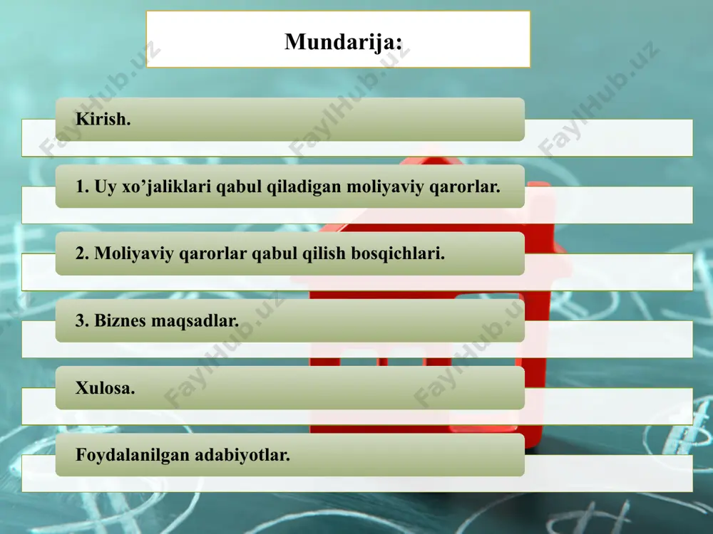 uy xo‘jaliklari iqtisodiyotda tovarlar va xizmatlarni iste’mol qiluvchilar sifatida maydonga chiqadi va demak, bozor talabini aniqlab beradi. bir vaqtning o‘zida, uy xo‘jaliklari jamiyat yalpi daromadining bir qismini jamg‘aradi, real va moliyaviy aktivlarni sotib olish orqali moliyaviy rezervlarni yaratishda ishtirok etadi, soliq to‘lovlari orqali esa davlatning markazlashtirilgan moliyaviy fondlarini shakllantirishda muhim rol o‘ynaydi. odatda, “uy xo‘jaligi” atamasidan milliy statistikada aholidan (kishilar to‘plamidan) iborat bo‘lgan institutsional birlikni ifodalash uchun foydalaniladi. shuning uchun ham birlashgan millatlar tashkiloti (bmt) tomonidan tavsiya etilgan milliy hisoblar tizimining (mht) zamonaviy xalqaro andozasi (standarti) uy xo‘jaligini yagona yashash maydonida birgalikda yashayotgan, umumiy fondga o‘zlarining daromadlari va boyliklarini to‘liq yoki qisman berayotgan va ayrim tovarlar hamda xizmatlarni, eng asosan uy-joy va iste’mol mahsulotlarini umumiy tarzda (birgalikda) iste’mol qilayotgan kishilarning katta bo‘lmagan guruhi, deb ta’riflaydi. tarkibi va hajmi turlicha bo’lgan oilalar uy xo’jaliklari deb ataladi. o’zbek iqtisodiy adabiyotida uni “oila xo’jaligi” yoki “xonadon xo’jaligi” kabi talqin qilish holatlai mavjud. lekin …