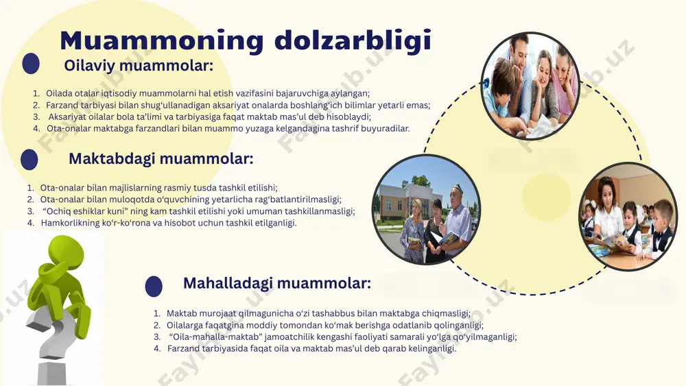 iga mos jihatlarini amaliyotga tatbiq etish faoliyat olib borayotgan ta’lim maskanimda har bir o‘quvchining yetuk shaxs, komil inson, vatan ravnaqiga hissa qo’shadigan, xalq manfaatlari yo‘lida sidqidildan xizmat qiladigan fidoiy kadr bo‘lib yetishishida nafaqat maktab, balki oilasi hamda u yashab turgan mahallaning birday harakat qilishiga erishish. o‘quv amaliyoti davrida amaliyot o‘tgan maktablarimda oila-mahalla-maktab hamkorligi doirasida amalga oshirilgan ishlardan o‘zim uсhun maqbul deb topganlarimni kelgusi faoliyatimda qo‘llash. shular asosida ta’lim sifatini oshirishga xizmat qilish, o‘quvchilar tarbiyasida oila va mahalla kabi muhim shaxs va jamoa sifatida ishtirok etish. 6 01. 02. 03. 04. muammoga yechim topishda, eng avvalo, hamkorlik jarayoni ishtirokchilarining har birlari uchun vazifalar taqsimoti ishlab chiqish maqsadga muvofiq. chunki vazifalar umumiy belgilangan taqdirda nazoratni aynan kimdan so‘rab olish muammosi vujudga kelishi bilan bir qatorda mas’uliyat hissining kamayib borishi xavfi vujudga kelishi mumkin. vazifalar: avvalambor, oilada sog‘lom muhitni rivojlantirish, bir-birlariga g‘amxo‘r bo‘lish, farzandlarga dunyoviy bilimlar berish, ma’naviyatli inson bo‘lib yetishishiga intilish bolalarni …