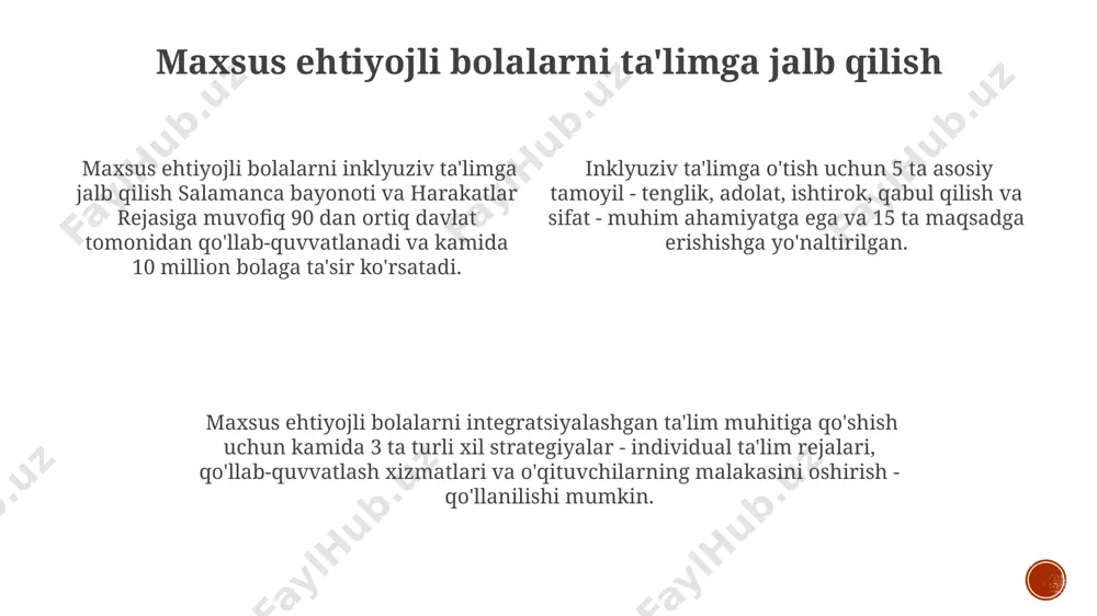ash xizmatlari, o'qituvchilarning malakasi va inklyuziv madaniyat. inklyuziv ta'limning samaradorligini oshirish uchun 3 ta muhim jihat: o'quv muhitini moslashtirish, individual yondashuv va doimiy monitoring va baholash hisoblanadi. inklyuziv ta'limning asosiy printsiplaridan biri barcha o'quvchilarning, shu jumladan nogiron bolalarni ham, 12 yoshgacha bo'lganlarni ham, umumta'lim maktablarida o'qish huquqini ta'minlashni o'z ichiga oladi. baholash va monitoring inklyuziv ta'limning samaradorligini baholashda 20 dan ortiq maktablarda o'tkazilgan tadqiqotlar natijalari va statistik ma'lumotlardan foydalaniladi. baholash va monitoring jarayonlarida 5 ta asosiy ko'rsatkich aniqlangan bo'lib, ular inklyuziv ta'lim sifatining 70% gachasini qamraydi. monitoring tizimi yiliga kamida 3 marta baholash va hisobot berish mexanizmlarini o'z ichiga oladi, bunda 100% o'quvchilarni qamrab olishga e'tibor qaratiladi. deklaratsiya asosiy tamoyillari hujjatda, inklyuziv ta’limni amalga oshirishda o‘qituvchilarning malakasini oshirish va ularni 5 ta asosiy kompetensiya bilan ta’minlash muhimligi qayd etilgan. deklaratsiya, inklyuziv ta’limning 9 ta asosiy tamoyiliga asoslanadi, bu esa barcha bolalar uchun teng imkoniyatlarni ta’minlashga qaratilgan. deklaratsiya, ta’limda farqlash va …