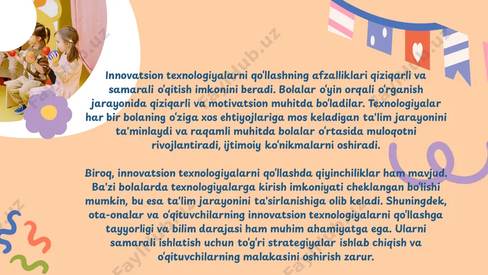 orliklarini rivojlantirish va boshqa bolalar bilan hamkorlik qilish imkoniyatiga ega bo‘ladilar. bolalarning moslashuv jarayonida mmt usullaridan foydalanishning yana bir muhim jihati – bu o‘qitish jarayonida o‘rganish samaradorligini oshirishdir. o‘yinlar va interaktiv faoliyatlar orqali bolalar o‘qituvchilarning ko‘rsatmalari va feedbacklarini tezda qabul qiladilar, bu esa ularning o‘z-o‘zini baholash va o‘z ko‘nikmalarini rivojlantirish imkonini beradi. shuningdek, mmt vositalari, bolalarning jamoaviy ishlash ko‘nikmalarini rivojlantirishda ham muhim ahamiyatga ega. raqamli muhitda bolalar birgalikda ishlash, fikr almashish va muammolarni hal qilish orqali o‘zaro munosabatlarni rivojlantirishadi. bu jarayon ularning moslashuv ko‘nikmalarini shakllantirishga va yangi ijtimoiy vaziyatlarga tez moslashishga yordam beradi. e'tiboringiz uchun rahmat! image5.png image10.svg image6.png image12.svg image1.png image2.svg image2.png image4.svg image3.png image6.svg image4.png image8.svg image21.svg image12.png image23.svg image13.png image25.svg image7.png image14.svg image8.png image16.svg image9.jpeg image10.png image19.svg image11.png image14.png image27.svg image15.jpeg image16.png image30.svg image17.jpeg image18.png image33.svg image19.png image35.svg image20.png image37.svg image21.jpeg image22.png image28.png image49.svg image23.png image41.svg image24.png image43.svg image25.jpeg image26.jpeg image27.png image47.svg image34.png image35.png image29.png image51.svg image30.jpeg …