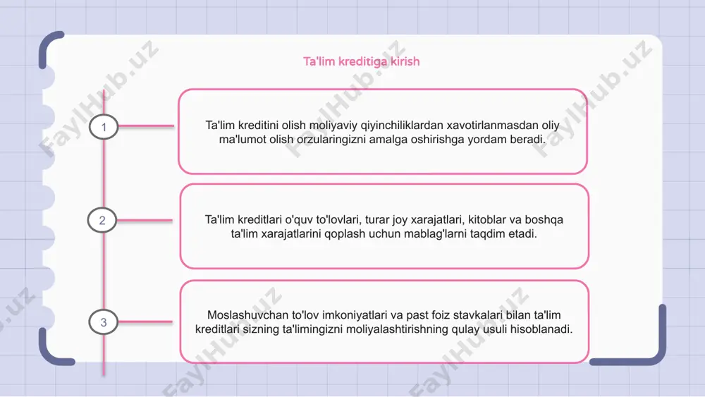 shartlari va shartlarini tushunish to'lovni samarali rejalashtirish uchun juda muhimdir. ta'lim kreditlari uchun foiz stavkalari va shartlari bizning ta'lim kreditimiz raqobatbardosh foiz stavkalari va moslashuvchan to'lov shartlarini taklif etadi. siz bir qator qat'iy va o'zgaruvchan foiz stavkasi variantlarini tanlashingiz mumkin. shuningdek, biz moslashuvchan shartlar bilan qulay to'lov rejalarini taklif etamiz. 1 2 3 ta'lim kreditlarining afzalliklari va afzalliklari ta'lim kreditlari talabalarga oliy ma'lumot olishlari uchun moliyaviy yordam beradi. ular past foiz stavkalari, moslashuvchan to'lov imkoniyatlari va soliq imtiyozlari kabi turli imtiyozlarni taklif qilishadi. ta'lim kreditlari talabalarga moliyaviy yuk haqida qayg'urmasdan o'zlari xohlagan kurslarni davom ettirishga imkon beradi. ular o'quv to'lovlari, turar joy xarajatlari va o'qish bilan bog'liq boshqa xarajatlarni qoplashda yordam beradi. ta'lim kreditlari, shuningdek, kredit ballini oshirish, bandlikni oshirish va chet elda oliy ta'lim olish imkoniyatlarini oshirish kabi afzalliklarni beradi. ta'lim krediti provayderlarini solishtirish ta'lim krediti provayderlari turli xil foiz stavkalari, to'lash imkoniyatlari va kredit shartlarini taklif qiladilar. provayderni …
