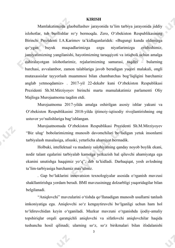 quyidagi fikrlarini oʻrinli deb bilamiz. “aniqlovchi gap boʻlaklarining bir boʻlagi sanaladi. til nazariyasiga oid ma’lumotlarni isbotlash va uni mustahkamlash maqsadida juda koʻp saylanma gaplardan foydalanishga toʻgʻri keladi. bu gaplarda koʻpincha grammatik talab hisobga olinsa-da, ammo mavzu birligi e’tibordan chetda qoladi. natijada bitta mashqda turli mavzudagi gaplarda aniqlovchi boʻlaklarga duch kelish mumkin. shuning uchun iloji boricha gaplarning bir mavzuda boʻlishini ta’minlash nutq oʻstirish talablariga mos boʻlib tushgan boʻlardi”. yuqoridagi fikrga asoslangan holda shuni aytish mumkinki, aslida gapni yuzaga keltiruvchi asosiy vositalar bu gapning boʻlaklaridir. shuning uchun ham aniqlovchi gap boʻlaklarining tadqiqini olimlarning ustozlarimizni yordami bilan tadqiq qilamiz. kurs ishining dolzarbligi: oʻzbekiston respublikasi prezidenti shavkat mirziyoyev oʻzining til bayramidagi nutqida “kimda-kim oʻzbek tilining bor latofatini, jozibasi va ta‘sir kuchini, cheksiz imkoniyatlarini his qilmoqchi boʻlsa, munis onalarimizning allalarini, ming yillik dostonlarimizni, oʻlmas maqomlarimizni eshitsin, baxshi va hofizlarimizning sehrli qoʻshiqlariga quloq tutsin” [footnoteref:1]. [1: каримов и.а. юксак маънавият – енгилмас куч. – тошкент: маънавият, …