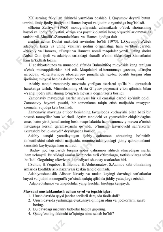 «lirika haqida mulohazalar» kabi maqolalari misolida tanqidiy tafakkurda jiddiy o’zgarish namunalari namoyon bo’ldi. 50-yillar tanqidi va adabiyotshunosligi rus hamda o’zbek adabiyot-lanning o’zaro aloqasi hamda fao] ta’sirini tadqiq etishga jiddiy e’tibor berdi. hatto o’rta maktabning o’zbek sinflari uchun yozilgan va nomi «0 zbek adabiyoti» deb ataluvchi darsliklar goh m.gorkiy, gohda v.mayakovskiy hayoti va ijodini yoritishdan boshlanguvchi edi. shu o’rinda «alpomish» dostoniga bo’lgan munosabat haqida ikki og’iz to’xtab o’tishga to’g’ri kcladi. «alpomish» dostoni muhokamasida nohaq fikrlar yanada chuqurlashtiriladi. dostonni tashviq va targ’ib qilib kelgan, uni ko’p marta qayta-qayta nashr qildirgan va bu nashrlarga kirish so’zi yozganlar, jumladan v.jirmunskiy va h.zaripovning «o’zbek xalq qahramonlik eposi» kitobi, oybekning «o’zbek poyeziyasi antologiyasi», m. shayxzodaning «alpomish» dostonining rus tilidagi (1949) nashriga yozgan maqolalari qoralanadi. afsuski, o’zbek xalq ijodiga bunday noto’g’ri munosabat matbuotda ancha vaqt davom etdi. ammo asta-sekin bunday nigilistik qarashlarga keskin zarba berildi. 1956-yilda «qizil o’zbekiston» gazetasida bosilgan «xalq ijodining o’lmas yodgori» maqolasi «alpomish» dostonining …