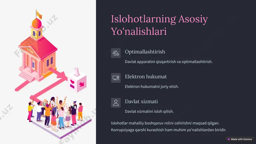 taqilligi mahalliy budjetlarning mustaqilligini ta'minlash. vakolatlarni o'tkazish hokimiyat vakolatlarini mahalliy kengashlarga o'tkazish. fuqarolar yig'inlari fuqarolar yig'inlarining rolini kuchaytirish. 7 korrupsiyaga qarshi kurashish agentlik faoliyati korrupsiyaga qarshi kurashish agentligi faoliyati. shaffoflik davlat xaridlarining shaffofligini ta'minlash. deklaratsiya xodimlar daromadlarini deklaratsiya qilish tizimi. jinoyat kodeksiga korrupsiyaviy jinoyatlar uchun jazo kuchaytirildi. 8 erishilgan natijalar 70% davlat xizmatlari davlat xizmatlari ko'rsatish sifati yaxshilandi. 50% korrupsiya korrupsiyaning darajasi kamaydi. 25% investitsiya investitsiya muhiti yaxshilandi. davlat boshqaruvining samaradorligi oshdi. 9 kelajakdagi vazifalar takomillashtirish davlat boshqaruvini yanada takomillashtirish. jadallashtirish elektron hukumatni rivojlantirishni jadallashtirish. davom ettirish davlat xizmatini isloh qilishni davom ettirish. korrupsiyaga qarshi kurashishni kuchaytirish va mahalliy boshqaruv rolini oshirish muhim. 10 image1.png image2.png image3.png image4.png image5.png image6.png image7.png image8.png image9.png image10.png image11.png image12.png image13.png image14.png image15.png image16.png image17.png image18.png image19.png image20.png image21.png image22.png image23.png image24.png image25.png image26.png