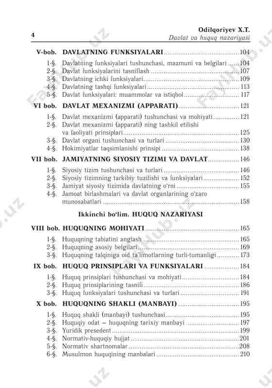 jjat ...........................................................201 5-§. normativ shartnomalar ............................................................208 6-§. musulmon huquqining manbalari ............................................. 210 5мundarija xi bob. huquq ijodkorligi ....................................................... 215 1-§. huquq ijodkorligi tushunchasi, turlari va funksiyalari ............... 215 2-§. huquq ijodkorligining prinsiplari ..............................................220 3-§. qonun ijodkorligi jarayoni va bosqichlari ..................................224 4-§. normativ-huquqiy hujjatlarning vaqt, hudud va shaxslarga nisbatan amal qilishi ................................................................235 5-§. qonun ijodkorligi sohasidagi huquqiy siyosat ...........................240 xii bob. huquq normasi ..............................................................248 1-§. huquq normasi tushunchasi va mohiyati ..................................248 2-§. huquq normasining tuzilishi ....................................................256 3-§. huquq normalarining turlari ....................................................262 xiii bob. huquqiy ong va huquqiy madaniyat ..................271 1-§. huquqiy ong, huquqiy tafakkur va ma’naviyat olami ................271 2-§. huquqiy ongning tabiati va strukturasi ....................................276 3-§. huquqiy tarbiya va uni amalga oshirish usullari ......................282 4-§. huquqiy madaniyat va uning tuzilishi ......................................285 xiv bob. huquqiy munosabatlar .............................................292 1-§. huquqiy munosabatlarning tushunchasi, tuzilishi va turlari ......292 2-§. huquqiy munosabatlarning subyektlari .....................................297 3-§. huquqiy munosabatlarning obyekti ..........................................301 4-§. subyektiv huquq va yuridik majburiyatlar ................................302 …