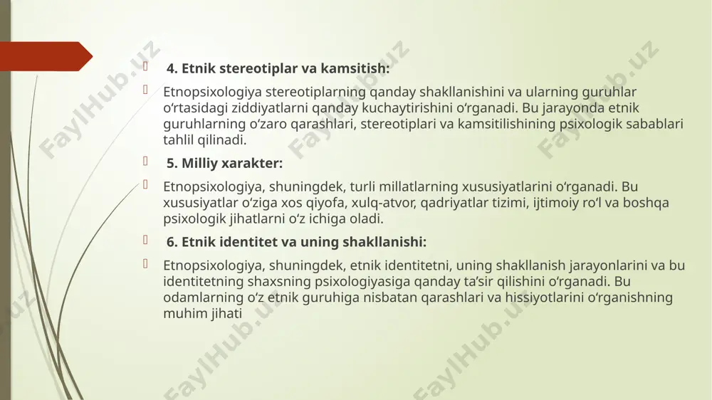 . eksperimental metodlar eksperimental metodlar, ijtimoiy va psixologik xususiyatlarni tajriba orqali o‘rganishga imkon beradi. etnopsixologiyada bu metod turli guruhlar o‘rtasidagi munosabatlarni aniqlash uchun ishlatiladi. misol uchun: • laboratoriya tajribalari: guruhlar o‘rtasidagi ziddiyatlar yoki kooperatsiya (hamkorlik)ni o‘rganish uchun maxsus sharoitda eksperimentlar o‘tkazish. • maqsadli eksperiments: etnik guruhlarning xulq-atvori va o‘zaro ta’siri haqidagi ma’lumotlarni olish uchun ijtimoiy holatlar yaratiladi va o‘rganiladi. 3. tahliliy metodlar tahliliy metodlar etnik guruhlarning psixologik jihatlarini chuqur tahlil qilish va turli etnik guruhlar o‘rtasidagi farqlarni aniqlash uchun qo‘llaniladi. bu metodlar quyidagi yondashuvlardan iborat bo‘lishi mumkin: • yozma materiallar tahlili: etnik guruhlar haqida yozilgan asarlar, adabiyotlar, ilmiy maqolalar va tarixiy manbalarni tahlil qilish orqali ular haqidagi stereotiplar, psixologik xususiyatlar va madaniy omillarni aniqlash. • taqqoslash: turli etnik guruhlarning psixologik holatini va xulq-atvorini taqqoslash, ulardagi o‘xshashlik va farqlarni aniqlash. 4. kuzatish metodlari kuzatish metodlari etnik guruhlarning ijtimoiy hayotini bevosita o‘rganish imkonini beradi. bu metod yordamida guruhlarning kundalik xulq-atvori, munosabatlari va …