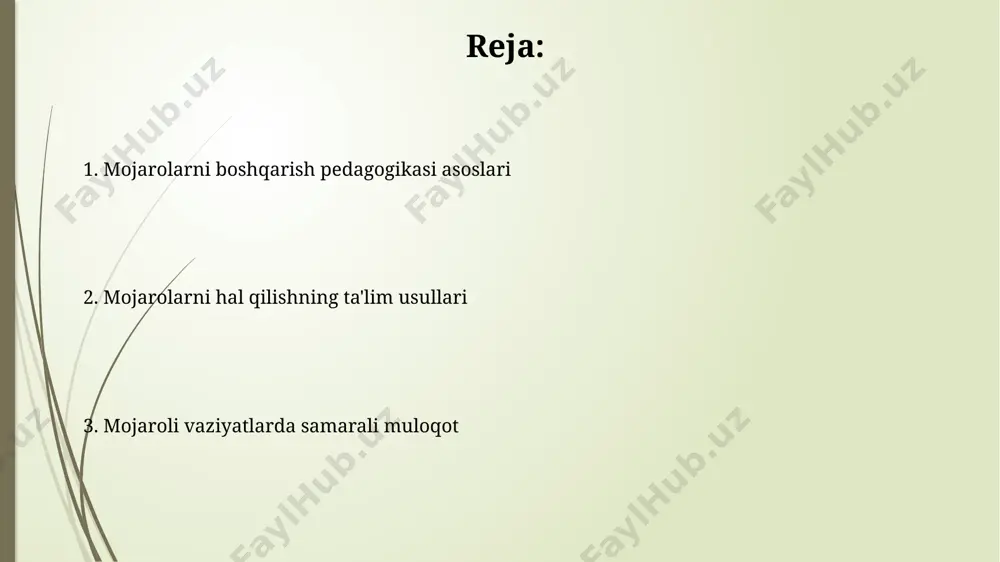 muammoga tizimli yondashuvni ta'minlaydi va turli xil echimlarni o'rganish imkonini beradi. muammolarni hal qilishda 5 ta "w" (kim? nima? qachon? qayerda? nima uchun?) savollari yordamida vaziyatni aniq tahlil qilish va muammoning ildiz sabablarini aniqlash samarali strategiyaning asosiy qismidir. muloqot va tinglash ko'nikmalarini rivojlantirish muloqot va tinglash ko'nikmalarini rivojlantirish uchun 10 ta amaliy mashqni muntazam bajarish (rolli o'yinlar, munozaralar) kommunikativ kompetensiyani 20% ga oshirishga olib kelishi mumkin. muloqot jarayonida kamida 3 ta tinglash usulini (faol tinglash, empatik tinglash, tanqidiy tinglash) qo'llash konfliktlarni samarali hal qilishga yordam beradi va o'zaro tushunishni oshiradi. mojarolarni hal qilishning pedagogik usullari konfliktning intensivligi darajasiga (1-5 ball) qarab, turli pedagogik strategiya va uslublar, masalan, murosa, vositachilik yoki aralashuv qo‘llanilishi kerak. o‘quvchilarga mojarolarni hal qilishning 7 ta samarali strategiyasini o‘rgatish, ularni rol o‘ynash va simulyatsiya o‘yinlari orqali amalda qo‘llash muhim hisoblanadi. konfliktli vaziyatlarda o'zini tutish madaniyati konfliktli vaziyatlarda 3 ta asosiy strategiyani – qochish, moslashish va raqobatlashishni – …