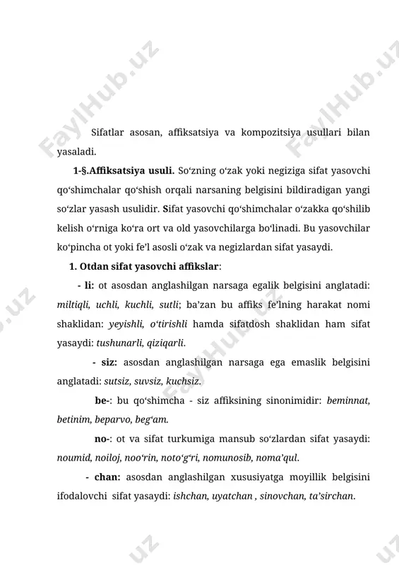 gisini hosil qiladi: mazmundor, bo‘ydor, unumdor, puldor, rangdor. - mand: asosdan anglashilgan narsaga egalik belgisini anglatadi: davlatmand, orzumand, kasalmand. - kor: asosdan anglashilgan xususiyatga kuchli darajada egalik belgisini hosil qiladi: fidokor, ehtiyotkor, isyonkor, omilkor, naqshinkor. - i: asosdan anglashilgan narsaning millat, joy yoki vaqtga oidligini bildiruvchi sifat yasaydi: qozoqi, qishloqi, bahori. - cha: asosdan anglashilgan narsaning millat, joy yoki miqdorga oidligini bildiruvchi sifat yasaydi: o‘zbekcha, farg‘onacha, otiqcha, erkakcha. - parvar: shaxsning asosdan anglashilgan narsani sevishi, unga sadoqati belgisini bildiruvchi sifat yasaydi: xalqparvar, vatanparvar, adolatparvar. - aki: asosdan anglashilgan narsaining harakat usuliga ko‘ra belgisini ifodalaydi: og‘zaki, zo‘raki, xomaki, qalbaki. - namo: narsadan anglashilgan xususiyatga egalik belgisini ifodalaydi: majnunnamo, avliyonamo, darveshnamo. bulardan tashqari -kash (dilkash, hazilkash), -gar(ishvagar, sitamgar), -chil (dardchil, xalqchil), -don (gapdan, bilimdon), -msiq (qarimsiq), -m (qaram), -lom (sog‘lom), -qa (qisqa), -lik(ko‘rpalik, ko‘ylaklik mato), -omuz (hazilomuz, ibratomuz) kabi kam unum affikslar orqali ham sifat yasaladi. 2. fe’ldan sifat yasovchi affikslar: -choq\-chaq\-chiq. …