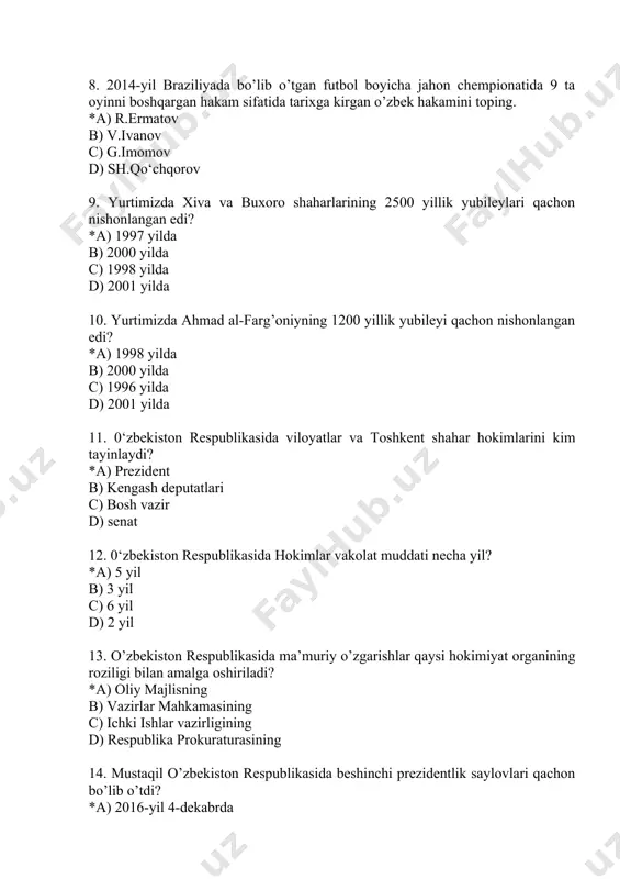 mlar vakolat muddati necha yil? *a) 5 yil b) 3 yil c) 6 yil d) 2 yil 13. o’zbekiston respublikasida ma’muriy o’zgarishlar qaysi hokimiyat organining roziligi bilan amalga oshiriladi? *a) oliy majlisning b) vazirlar mahkamasining c) ichki ishlar vazirligining d) respublika prokuraturasining 14. mustaqil o’zbekiston respublikasida beshinchi prezidentlik saylovlari qachon bo’lib o’tdi? *a) 2016-yil 4-dekabrda b) 2000-yil 9-yanvarda c) 2007-yil 23-dekabrda d) 2015-yil 29-martda 15. 0‘zbekiston respublikasining qaysi davlat ramzi boshqalariga nisbatan keyin qabul qilingan? *a) davlat madhiyasi b) davlat gerbi c) davlat bayrog‘i d) konstitusiya 16. o’zbekiston konstitutsiyasining kirish qismi qanday nomlanadi? *a) muqaddima b) so’z boshi c) asosnoma d) referendum 17. o’zbekiston respublikasi konstitutsiyasining to’rtinchi bo’limi qanday nomlanadi? *a) ma’muriy-hududiy va davlat tuzilishi b) inson va fuqarolarning asosiy huquqlari, erkinliklari va burchlari c) davlat hokimiyatining tashkil etilishi d) jamiyat va shaxs 18. o’zbekiston respublikasining konstitutsiyasi oliy kengashning qaysi sessiyada qabul qilingan? *a) 12-chaqiriq, xi sessiyada b) 10-chaqiriq, xi …