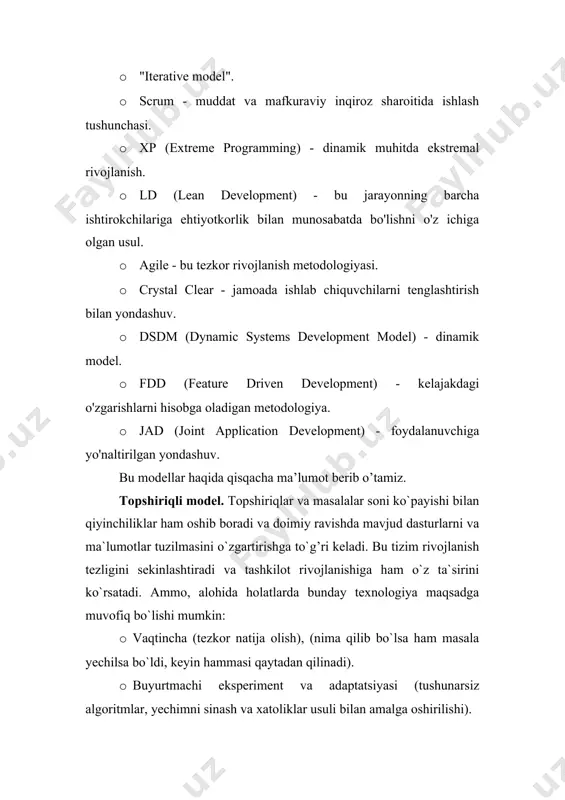 hujjatlar majmuasi bilan yakunlanadi. amalda, u katta tizimlarda ko'pincha kutilgan natijalarni bermaydi, chunki u dinamik o'zgarishlarni e'tiborsiz qoldiradi. shunday qilib, sinovdan so'ng jarayonni orqaga qaytarish va rivojlanish bosqichida hisobga olinmagan funktsiyalarni joylashtirish juda qiyin. sinov faqat rivojlanish oxirida amalga oshiriladi. bu modelda loyihani boshqarish oson. qatiyligi tufayli rivojlanish tez, xarajatlar va muddat oldindan belgilanadi. bu model faqat aniq va oldindan belgilangan talablar va ularni amalga oshirish usullariga ega loyihalarda juda yaxshi natija beradi. orqaga qadam tashlashning hech qanday usuli yo'q, sinov faqat rivojlanish tugagandan yoki deyarli tugaganidan keyin boshlanadi. o'zgarishlarni amalga oshirish uchun butun loyihaning tugashini kutishingiz kerak. biroq, belgilangan xarajat ko'pincha yondashuvning kamchiliklaridan ustun turadi. yaratish jarayonida aniqlangan kamchiliklarni tuzatish uchun kichik tt (texnik topshiriq) bilan shartnomaga qo'shimcha kelishuv kiritish talab etiladi. kaskadli modelni qo`llashning afzalliklari quyidagilardan iborat: · har bir bosqichda to`liqlik va moslik talablariga javob beradigan tugallangan loyiha hujjatlar to`plami yaratiladi; · ish bosqichlarini ketma-ket bajarilishi, ishni …