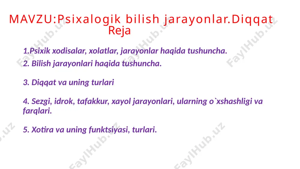 ari axborotni qabul qilib oladi, saralaydi, jamlaydi va miyaga etkazib beradi. sezgilar hosil bo`lishi uchun quyidagi shartlar bo`lishi kerak: birinchidan, sezgi a'zolarimizdan birontasiga ta'sir etadigan narsa yoki xodisa bo`lishi kerak. ikkinchidan, sezuvchi apparat soz bo`lishi kerak. bu apparat quyidagilardan iborat: 1. sezuvchi organ (retseptor). 2. o`tkazuvchi yo`l (afferent nerv). 3. bosh miya pustlog`idagi markaz 4. miyadan javob impulslarini uzatuvchi yo`l (efferent nerv).bitta sezgi apparatini tashkil qiladigan qismlarni i. p. pavlov analizator deb atagan. sezgilarning umumiy qonuniyatlari- sezgilar aynan bir xil qo`zg`aluvchilarning aks ettirish shakllaridan iboratdir. jumladan, elektro magnit nurlanishi ko`rish sezgisining qo`zg`atuvchisi hisoblanadi. bu nurlanish to`lqini uzunligi 380 dan 770 millimikron doirasida bo`ladi va ko`rish analizatorida nerv jarayoniga aylanadi. eshitish sezgilari–retseptorlarga tebranish tezligi (chastotasi) 16 dan 20 ming gertsgacha bo`lgan tovush to`lqinlari ta'sirining aks etish natijasidir. ta'sir kuchi shundan past bo`lsa ham, baland bo`lsa ham sezgi paydo bo`lmaydi. taktil sezgilar mexaniq qo`zg`atuvchining teri yuzasiga ta'siri natijasida hosil bo`ladi. sifat– mazkur …